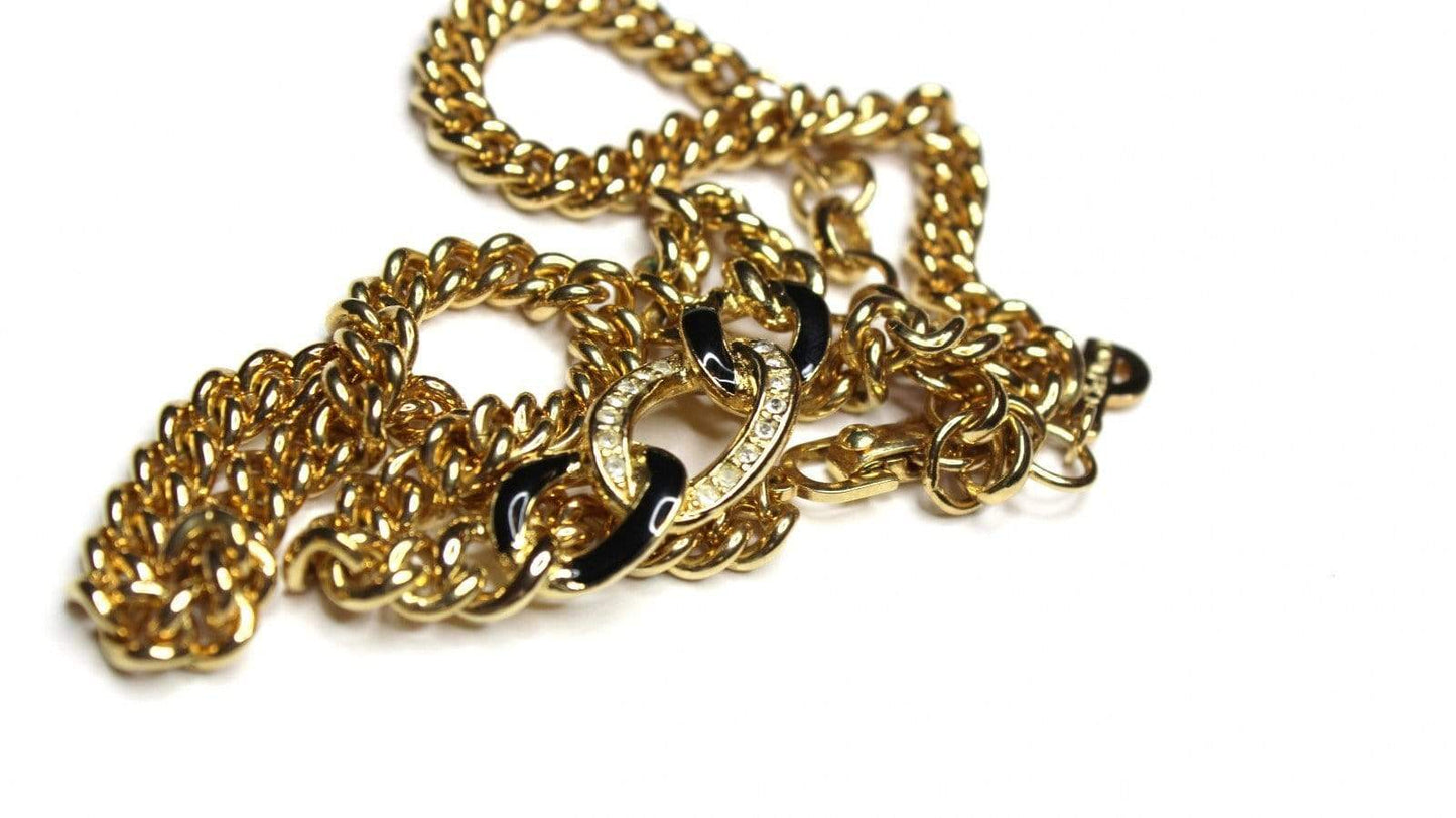 Gold Dior Necklace with Black Enamel and Crystal Accents RSTKD Vintage