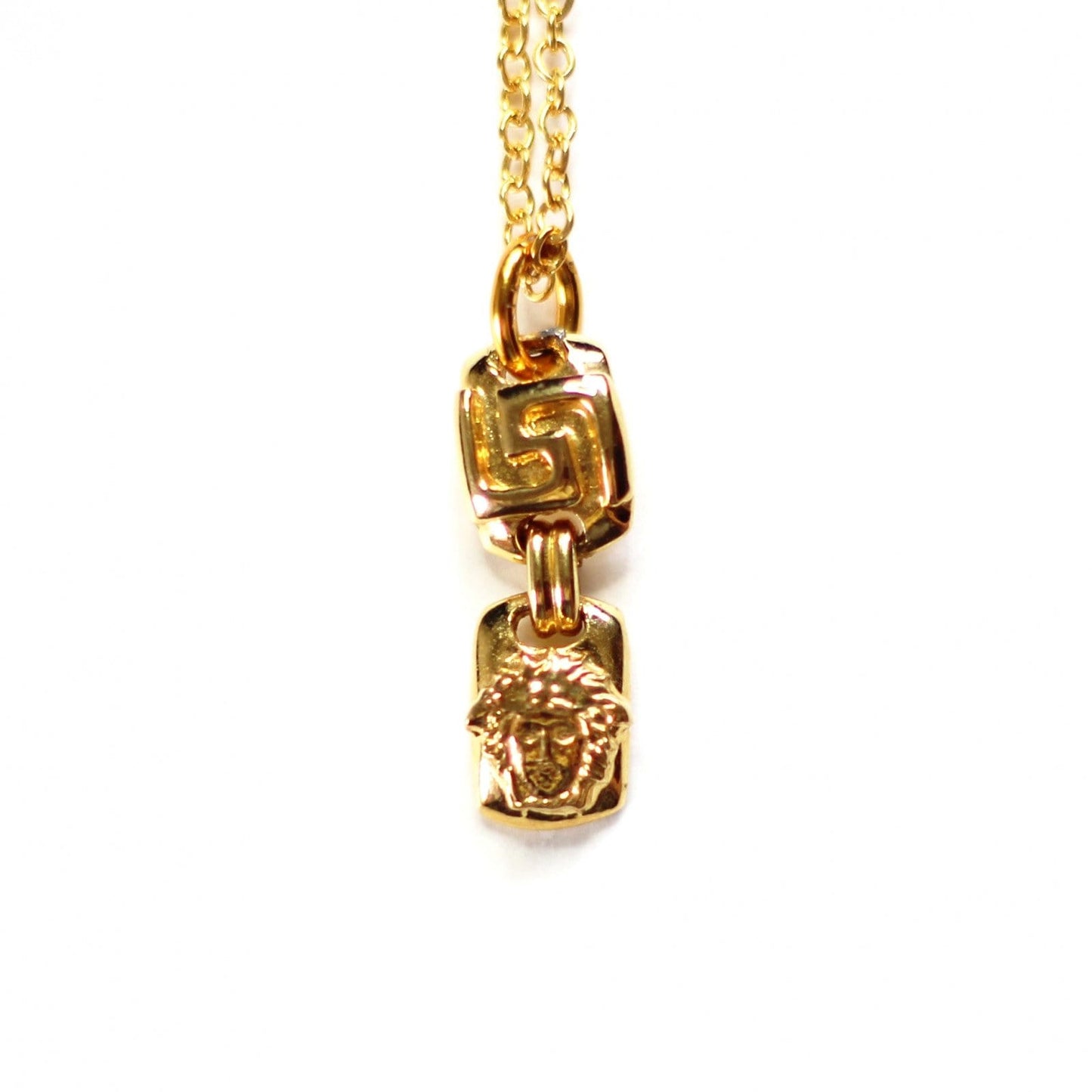 Gold Gianni Versace Greek Key Double Pendent Chain with Hanging Medusa Head RSTKD Vintage