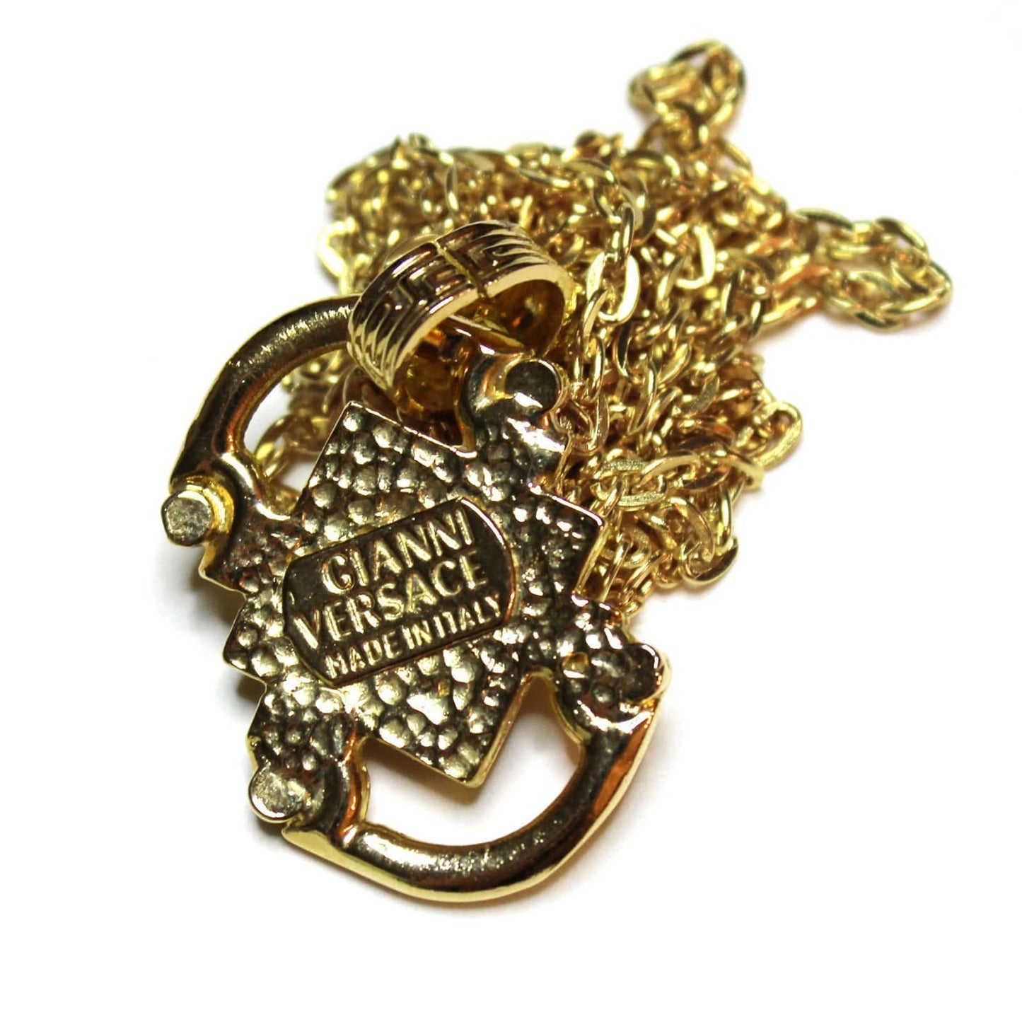 Gold Gianni Versace Medusa Head Greek Key Detailed Pendent Chain RSTKD Vintage