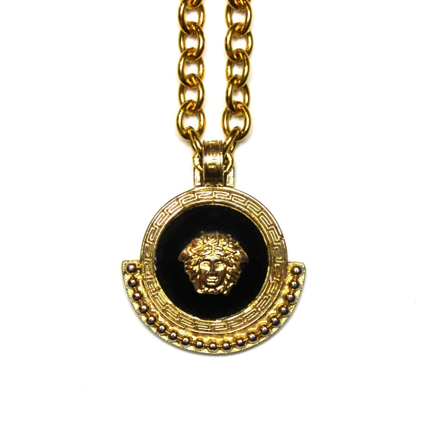 Gold Gianni Versace Medusa Head Pendent Chain with Black Leather Accent RSTKD Vintage
