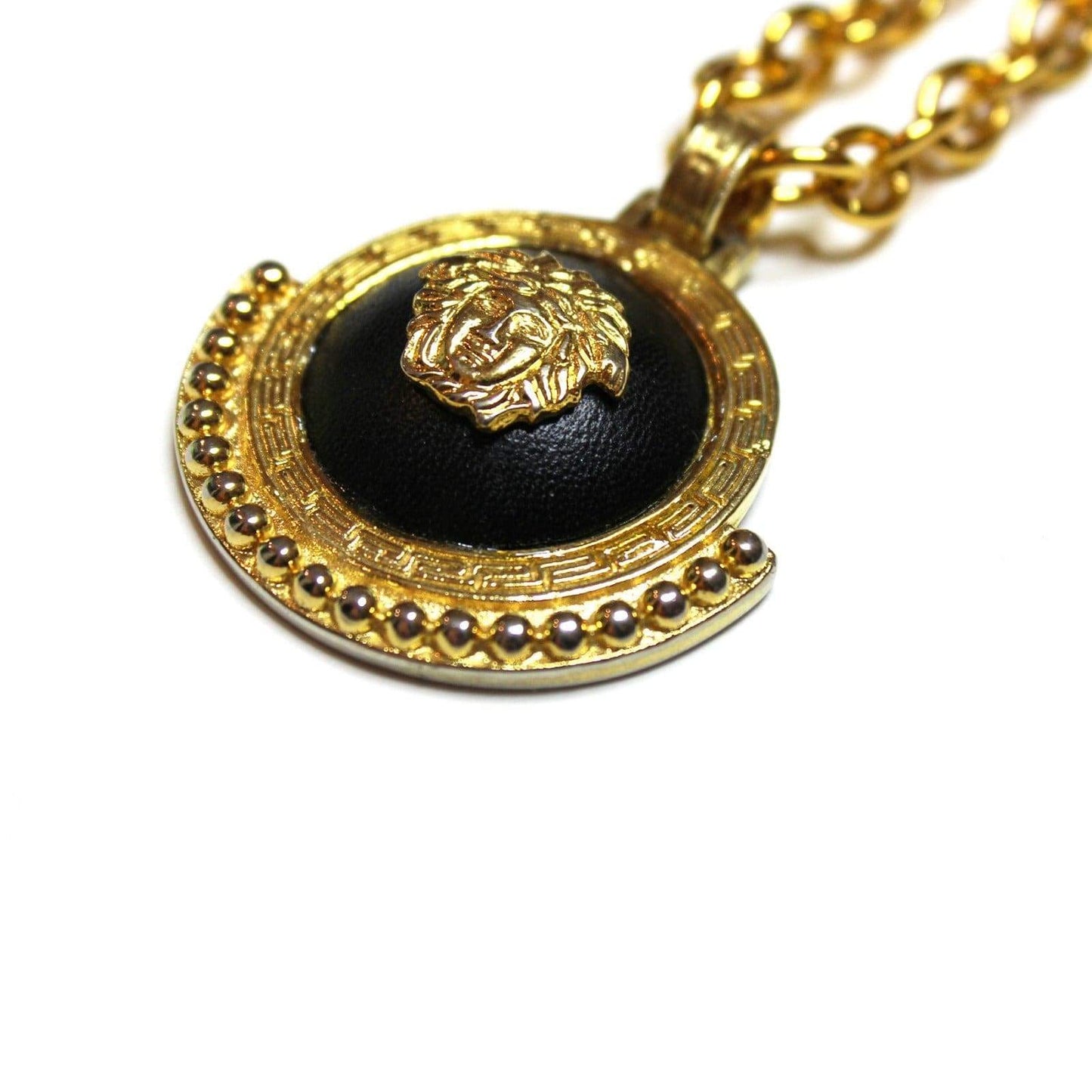 Gold Gianni Versace Medusa Head Pendent Chain with Black Leather Accent RSTKD Vintage