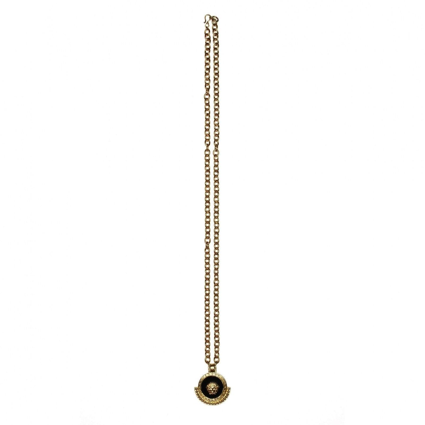 Gold Gianni Versace Medusa Head Pendent Chain with Black Leather Accent RSTKD Vintage