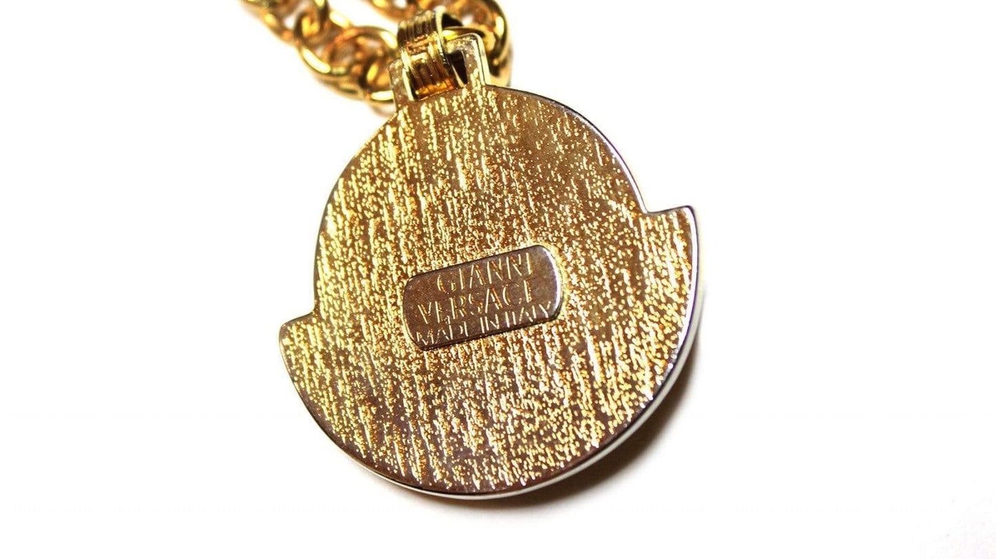 Gold Gianni Versace Medusa Head Pendent Chain with Black Leather Accent RSTKD Vintage