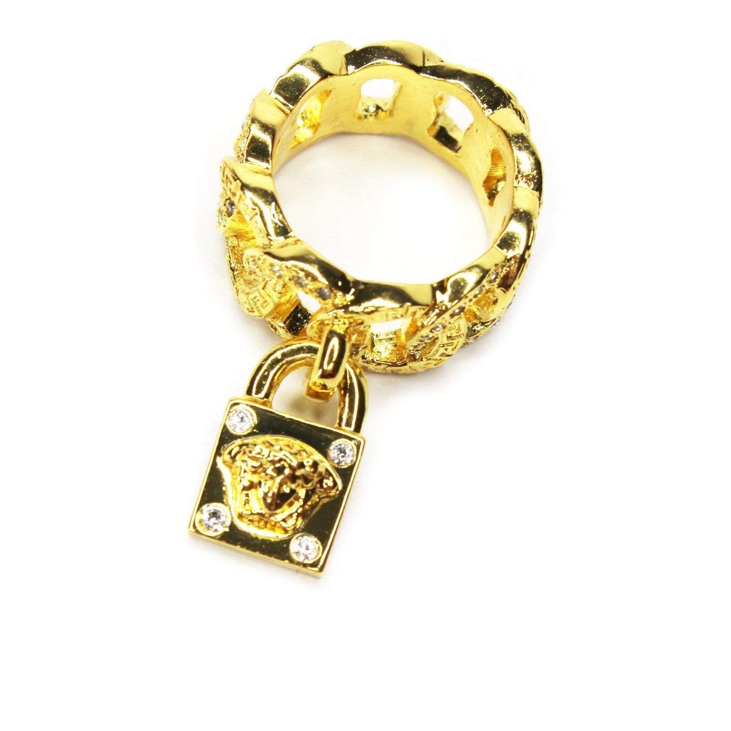 Gold Vintage Versace Medusa Head and Greek Key Padlock Ring with Crystal Accents RSTKD Vintage