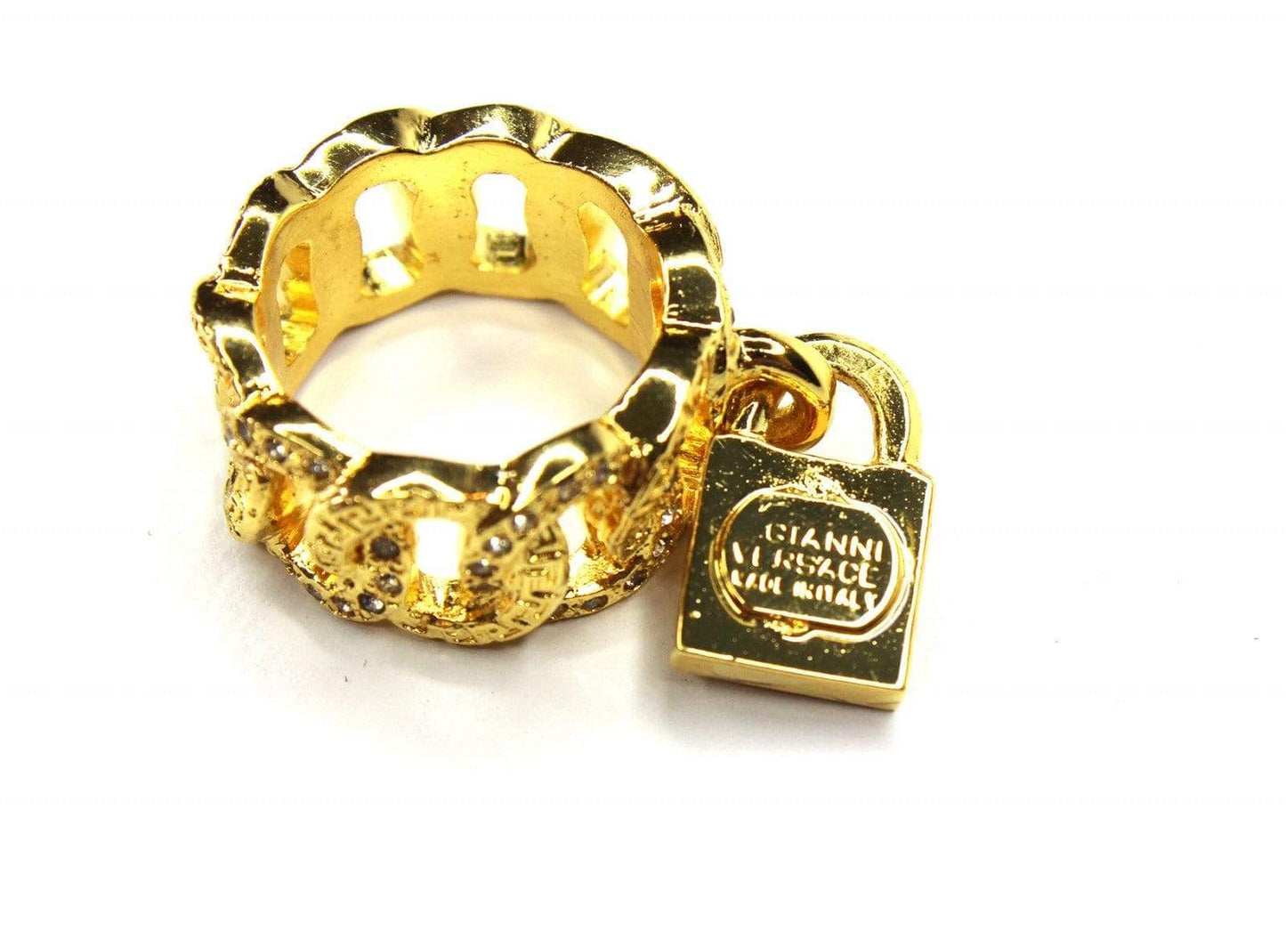 Gold Vintage Versace Medusa Head and Greek Key Padlock Ring with Crystal Accents RSTKD Vintage