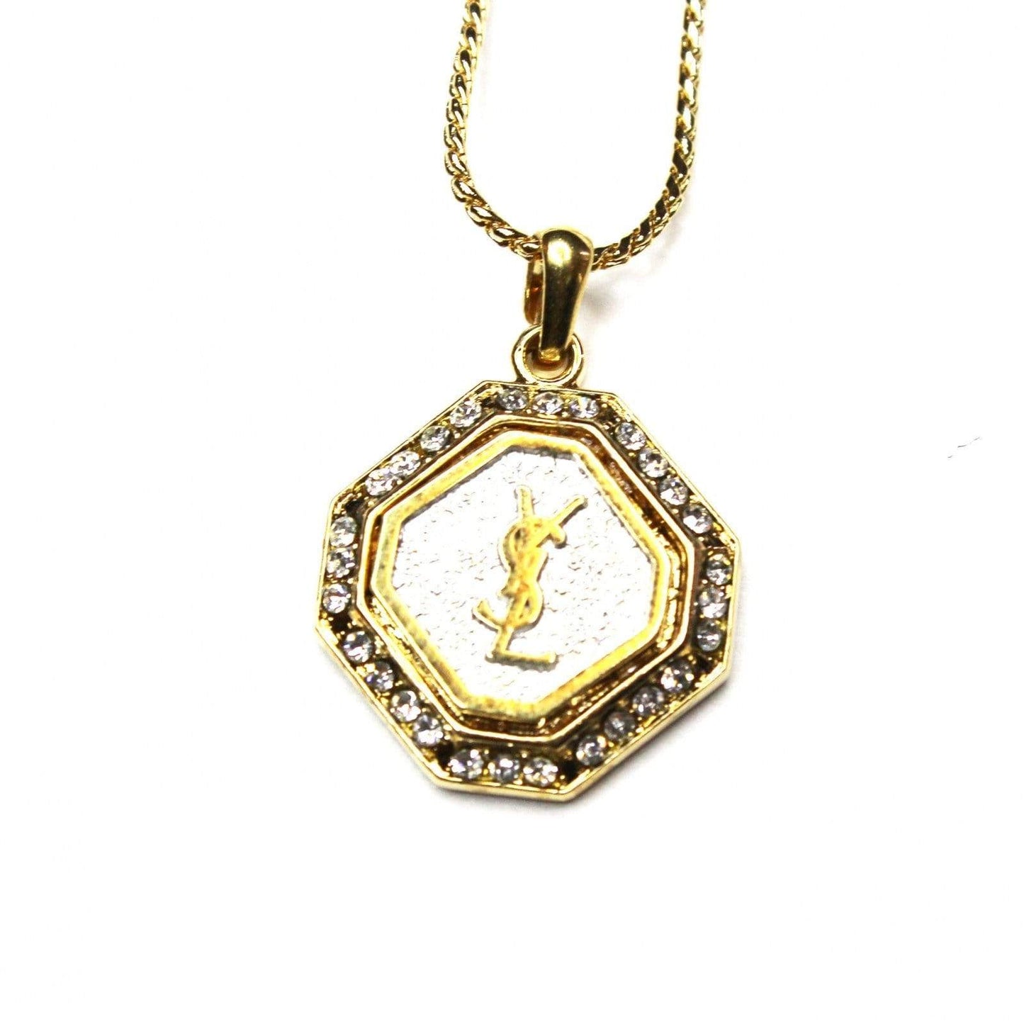 Gold YSL Octagon Logo Chain with Crystal Accents RSTKD Vintage