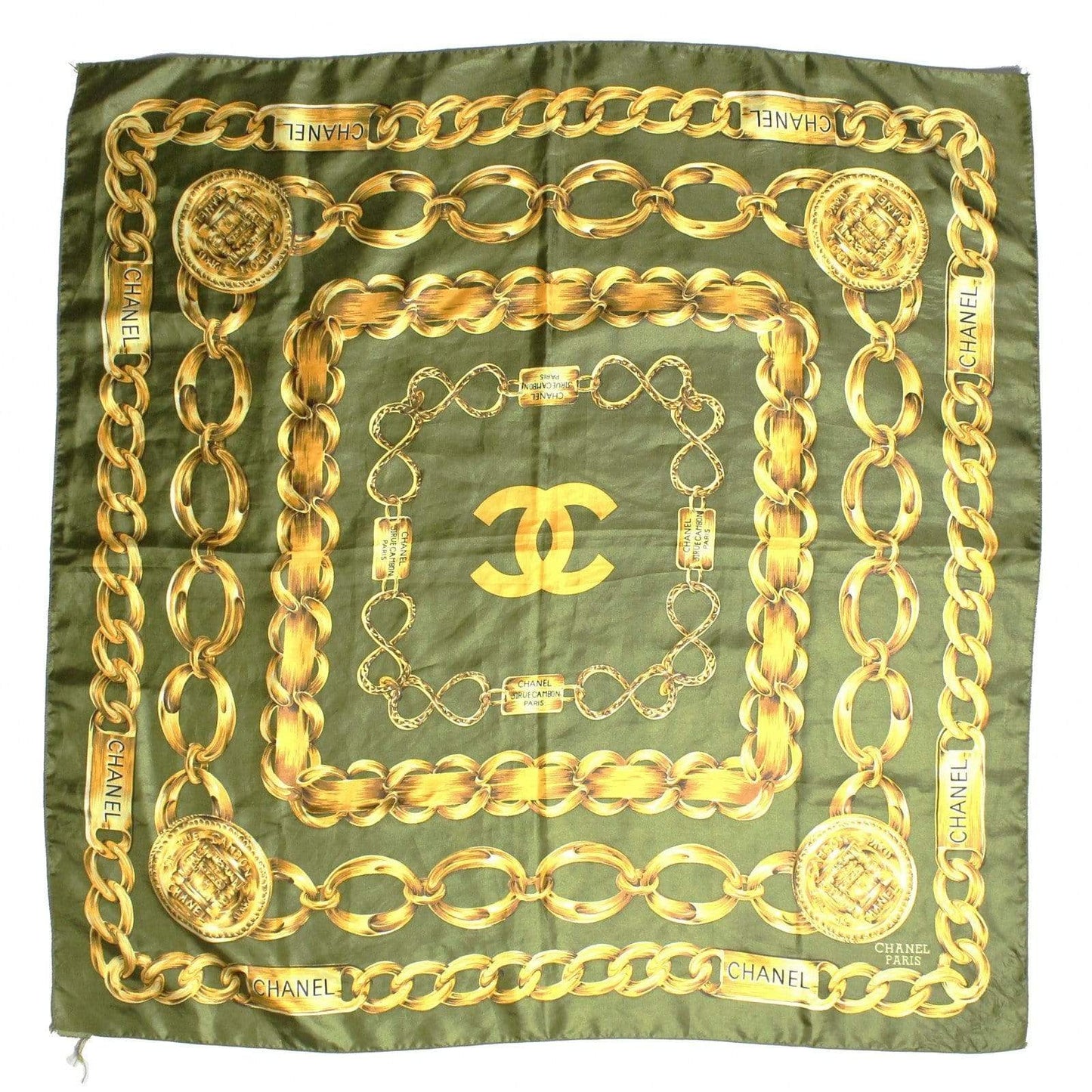 Green Vintage Silk Chanel Chains Scarf RSTKD Vintage