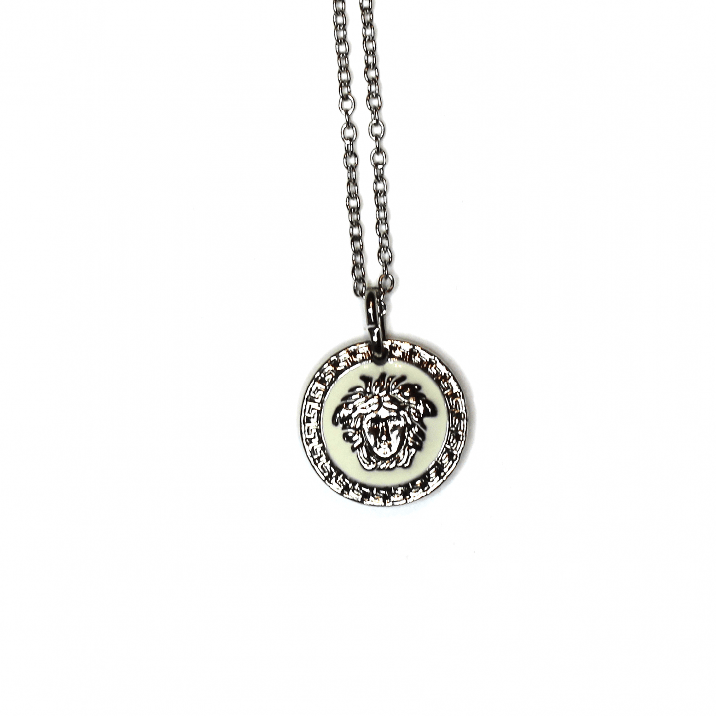 Silver Gianni Versace Black/ White Double Sided Medusa Head Coin Pendent Chain RSTKD Vintage