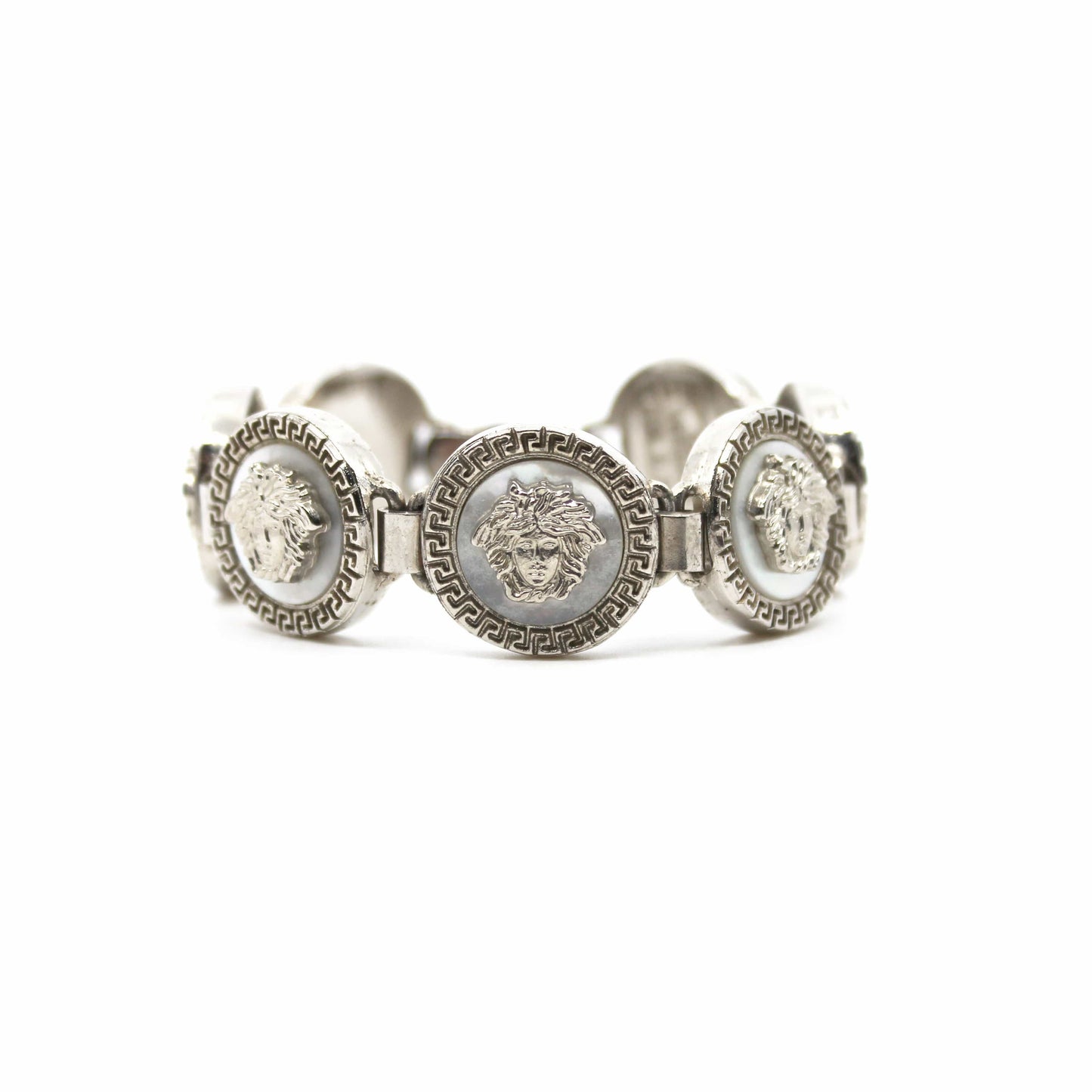 Silver Vintage Gianni Versace Mother of Pearl Medusa Head Bracelet RSTKD Vintage
