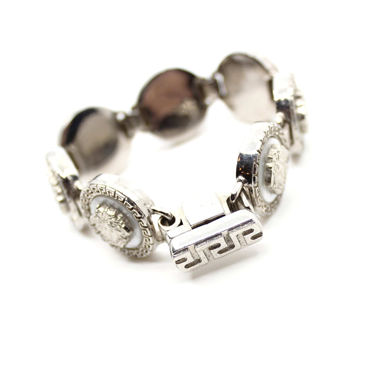 Silver Vintage Gianni Versace Mother of Pearl Medusa Head Bracelet RSTKD Vintage