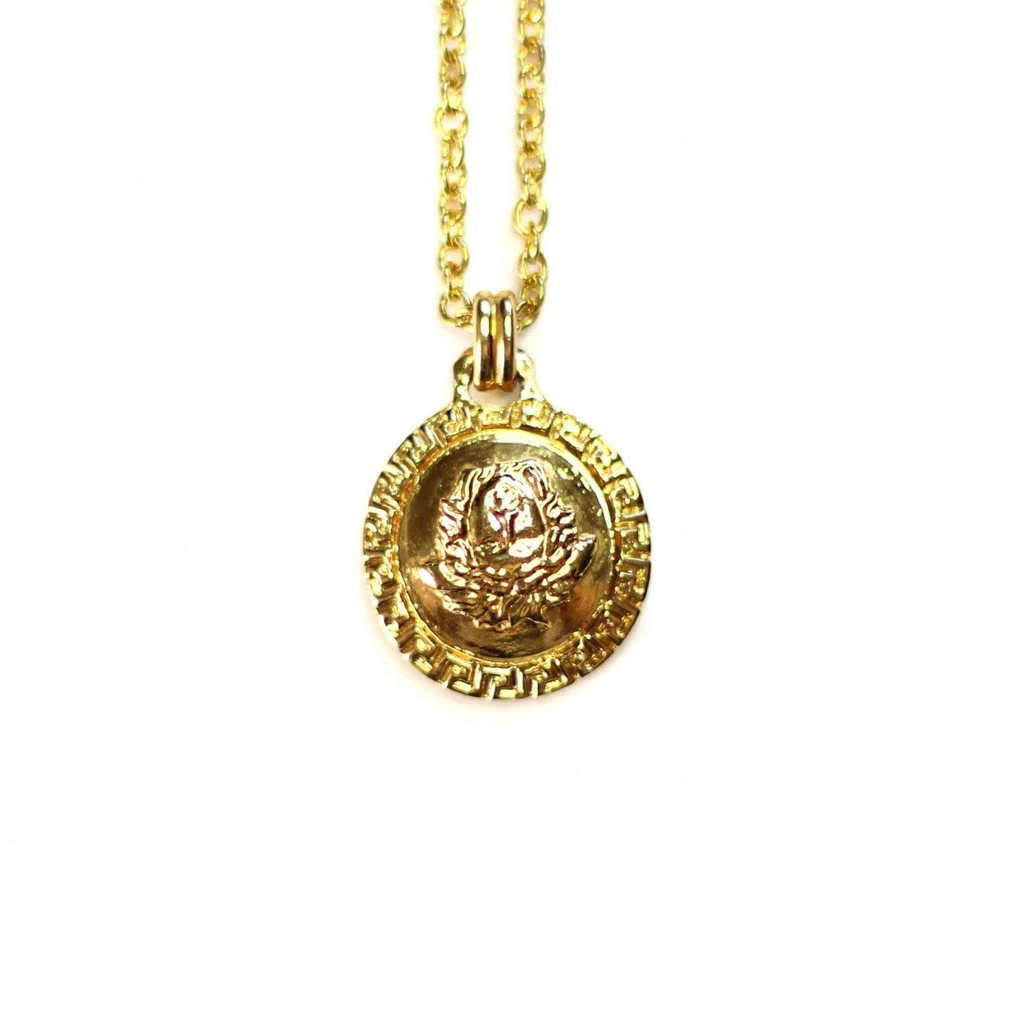 Small 3D Gold Gianni Versace Upside Down Medusa Head Coin Pendent Chain with Greek Key Accents RSTKD Vintage