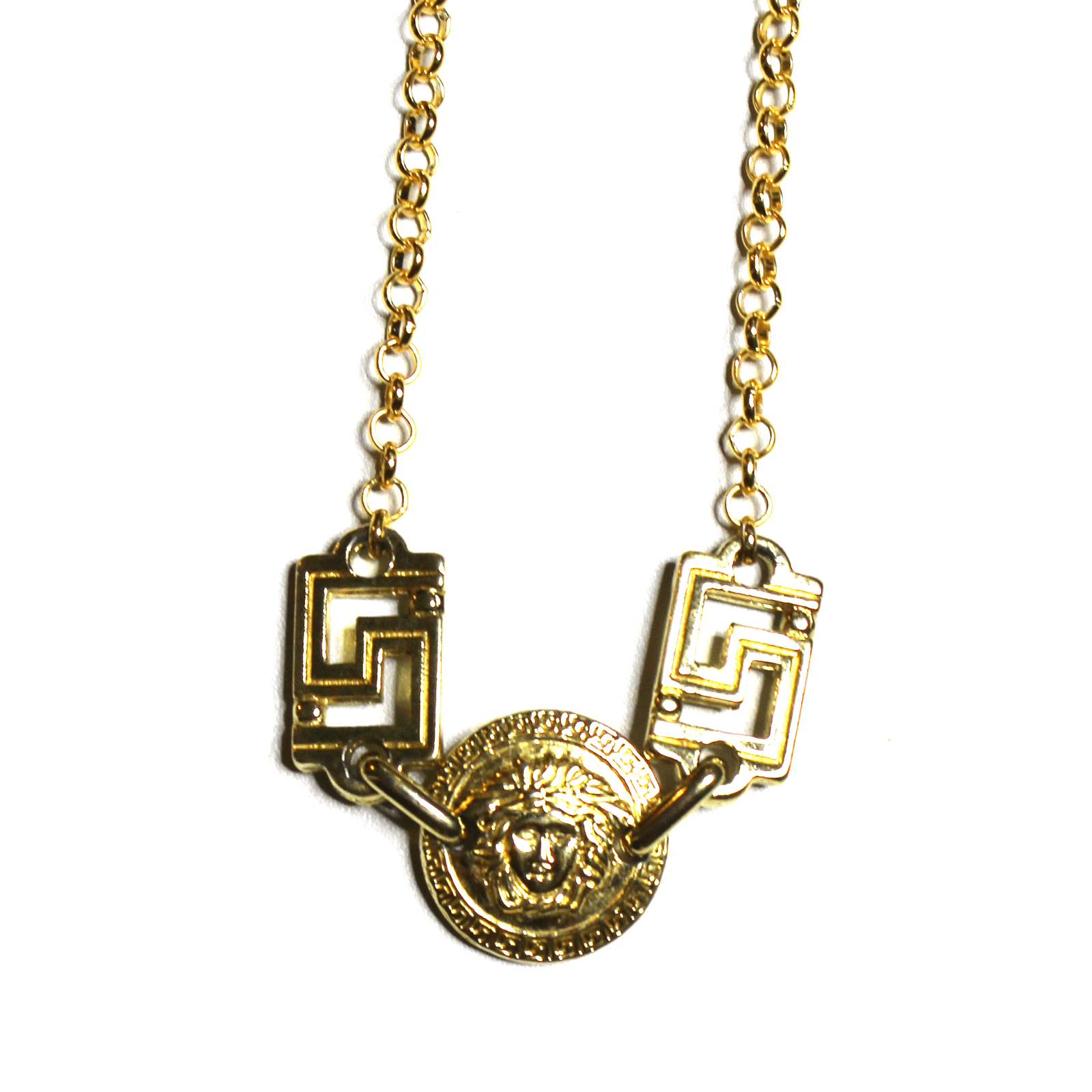 Small Gold Gianni Versace Double Sided Medusa Head Coin Chain with Greek Key Accents