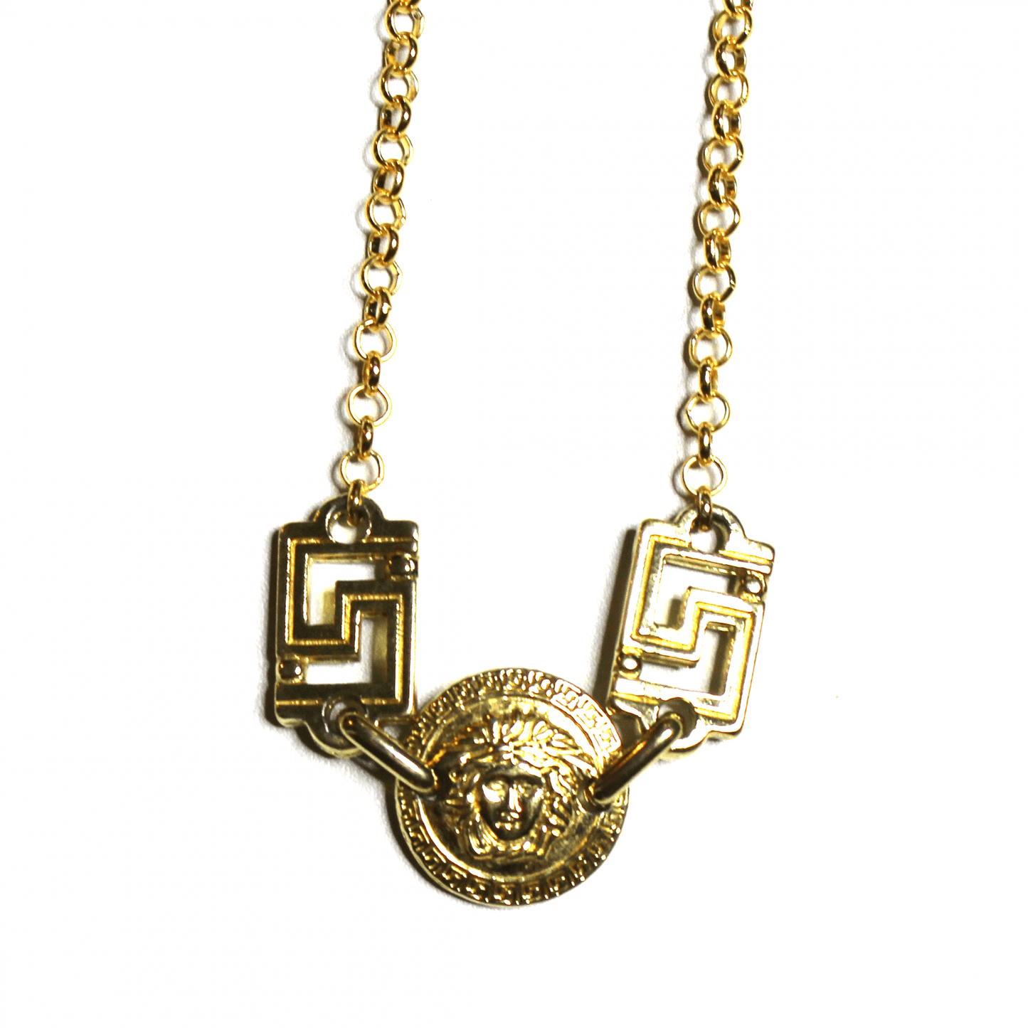 Small Gold Gianni Versace Double Sided Medusa Head Coin Chain with Greek Key Accents RSTKD Vintage