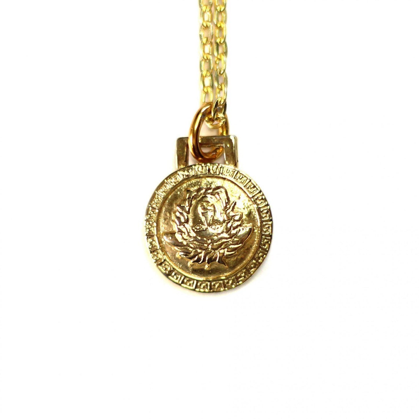 Small Gold Gianni Versace Upside Down Medusa Head Coin Pendent Chain with Greek Key Accents RSTKD Vintage