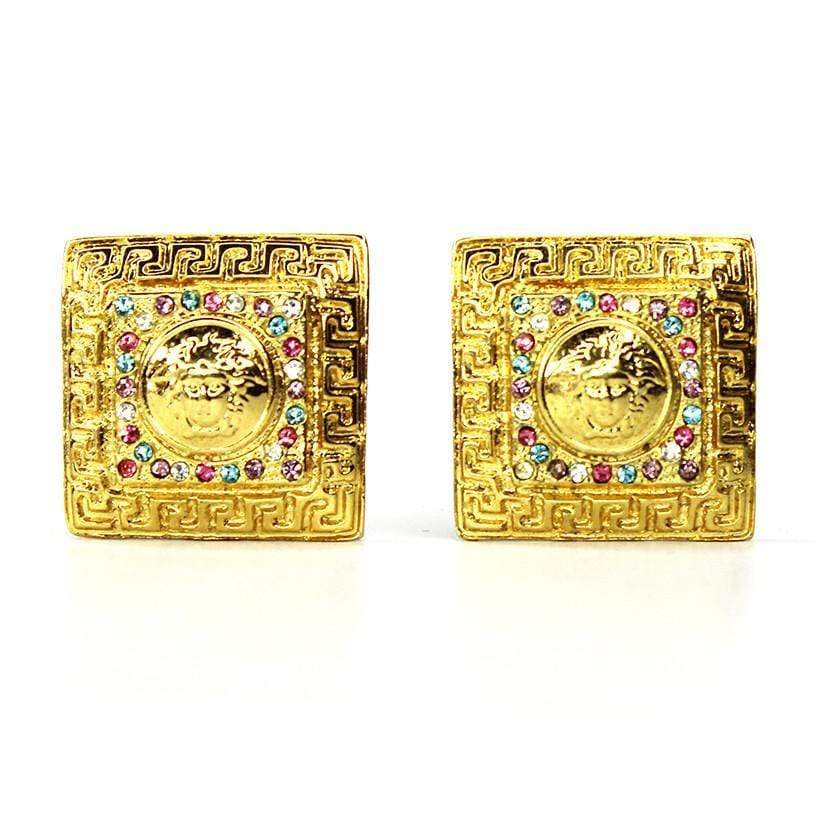 Square Gold Vintage Versace Greek Key and Medusa Head Earrings with Crystal Accents RSTKD Vintage