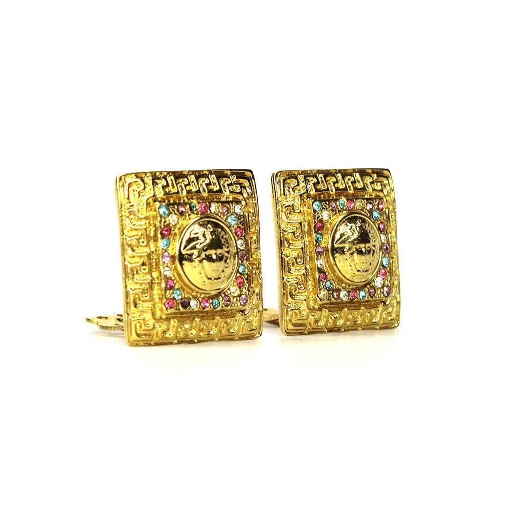 Square Gold Vintage Versace Greek Key and Medusa Head Earrings with Crystal Accents RSTKD Vintage