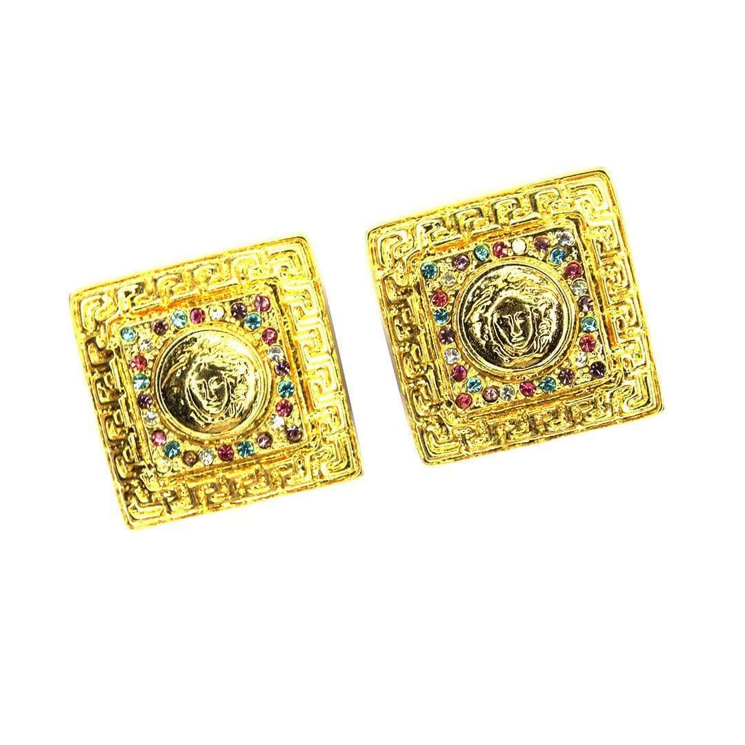 Square Gold Vintage Versace Greek Key and Medusa Head Earrings with Crystal Accents RSTKD Vintage