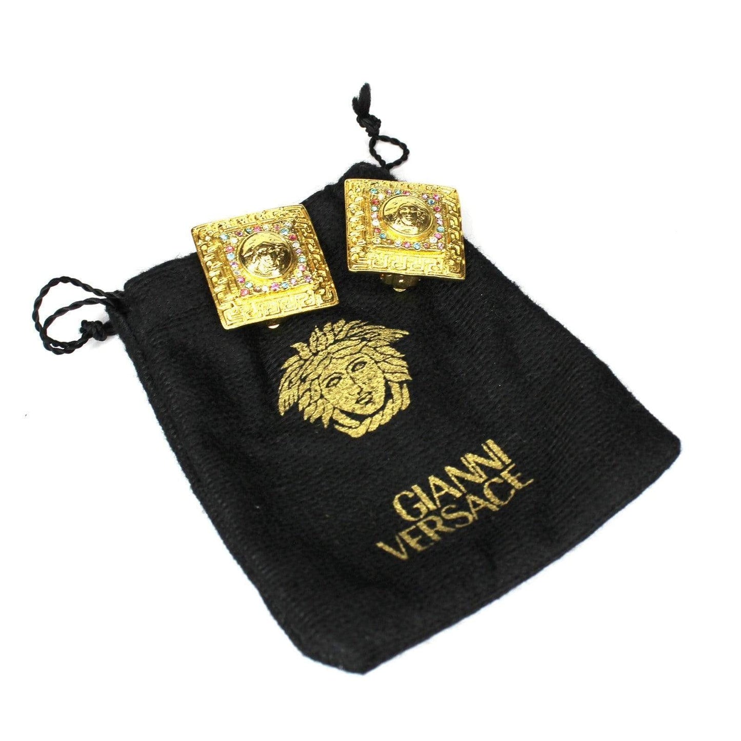 Square Gold Vintage Versace Greek Key and Medusa Head Earrings with Crystal Accents RSTKD Vintage