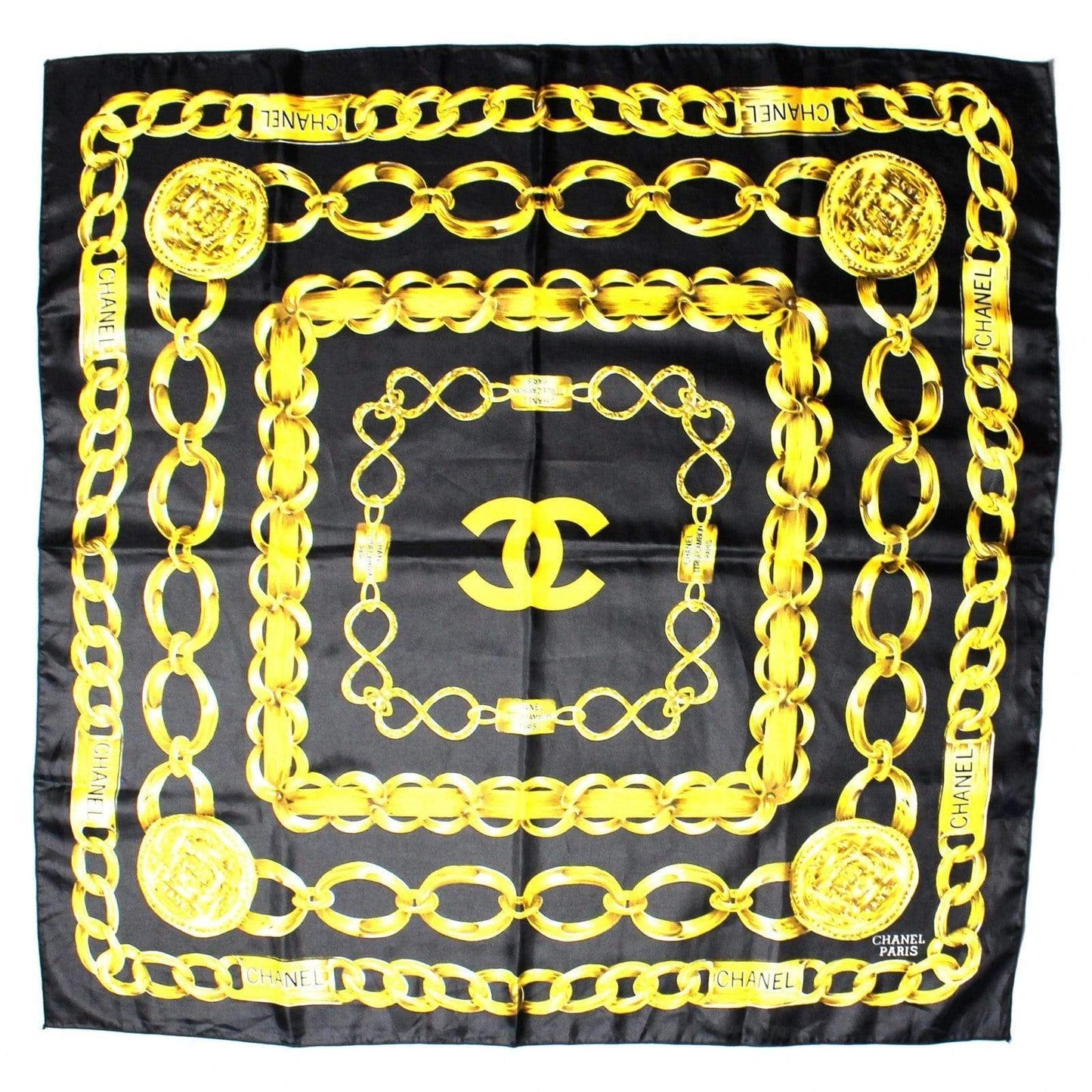 Black Vintage Silk Chanel Chains Scarf RSTKD Vintage