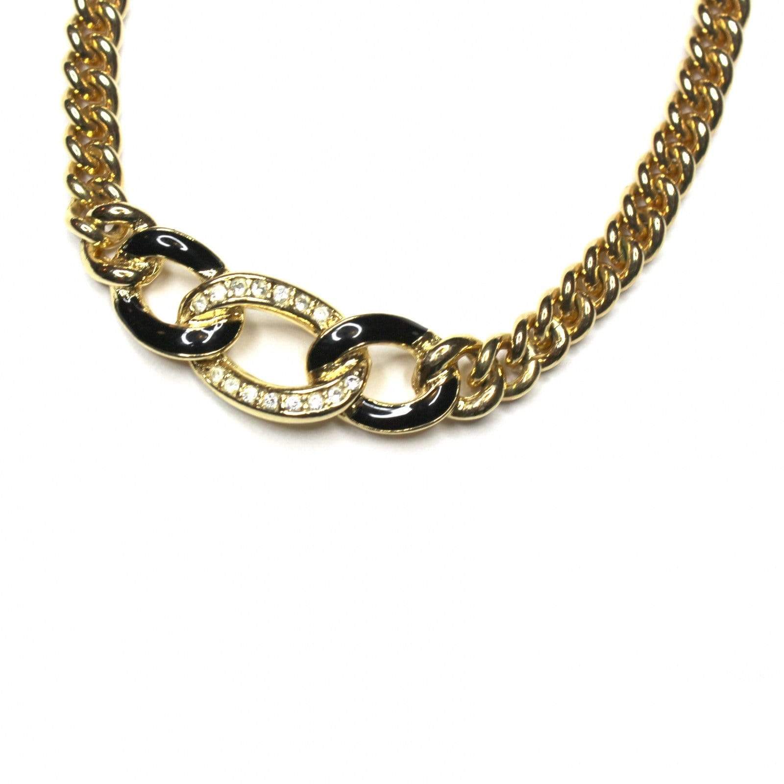 Gold Dior Necklace with Black Enamel and Crystal Accents RSTKD Vintage