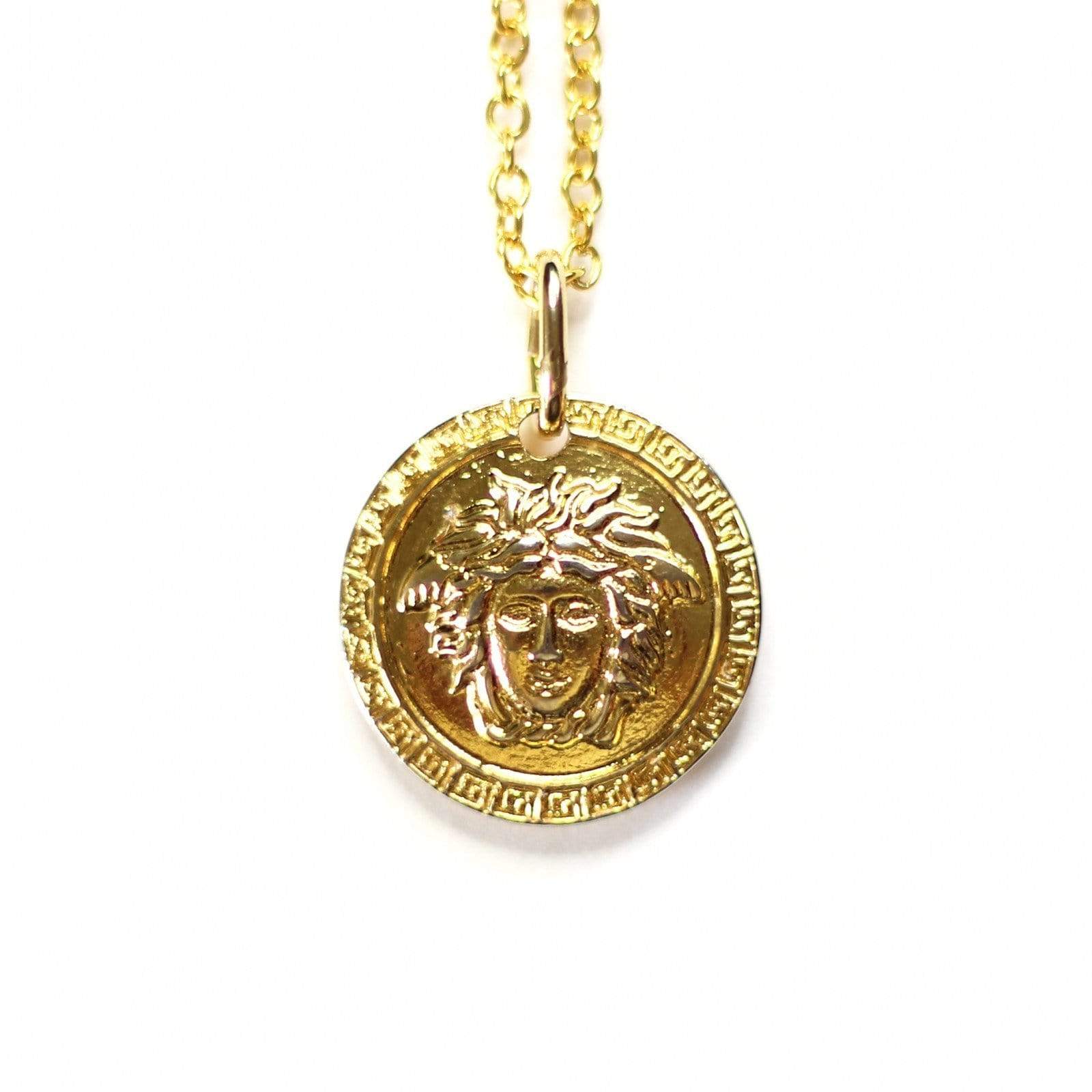 Gold Gianni Versace Double Sided Medusa Head Coin Pendent Chain RSTKD Vintage
