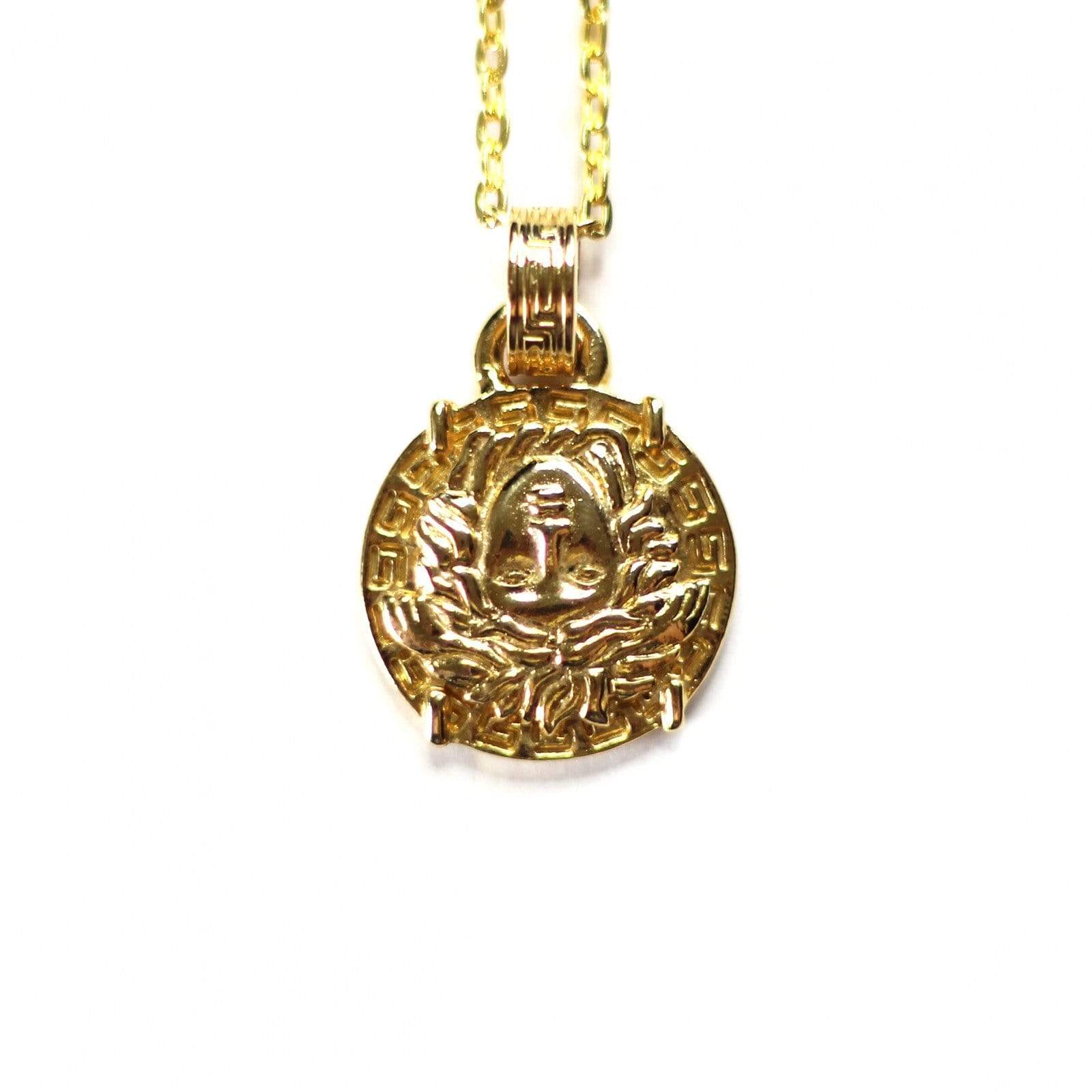 Gold Gianni Versace Large Upside Down Medusa Head Coin Chain with Greek Key Accents RSTKD Vintage