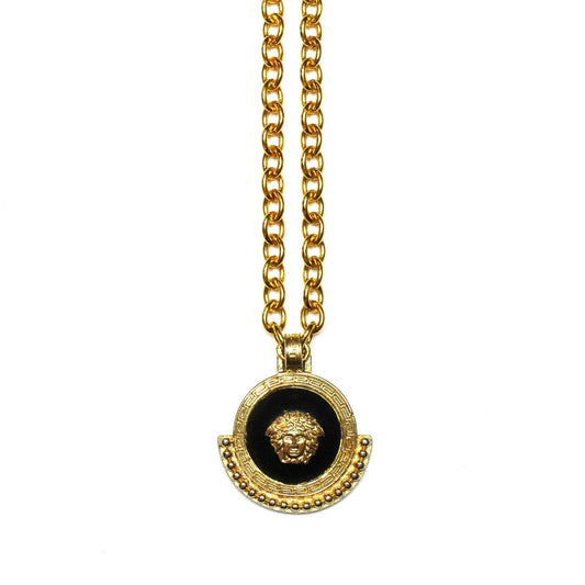 Gold Gianni Versace Medusa Head Pendent Chain with Black Leather Accent RSTKD Vintage