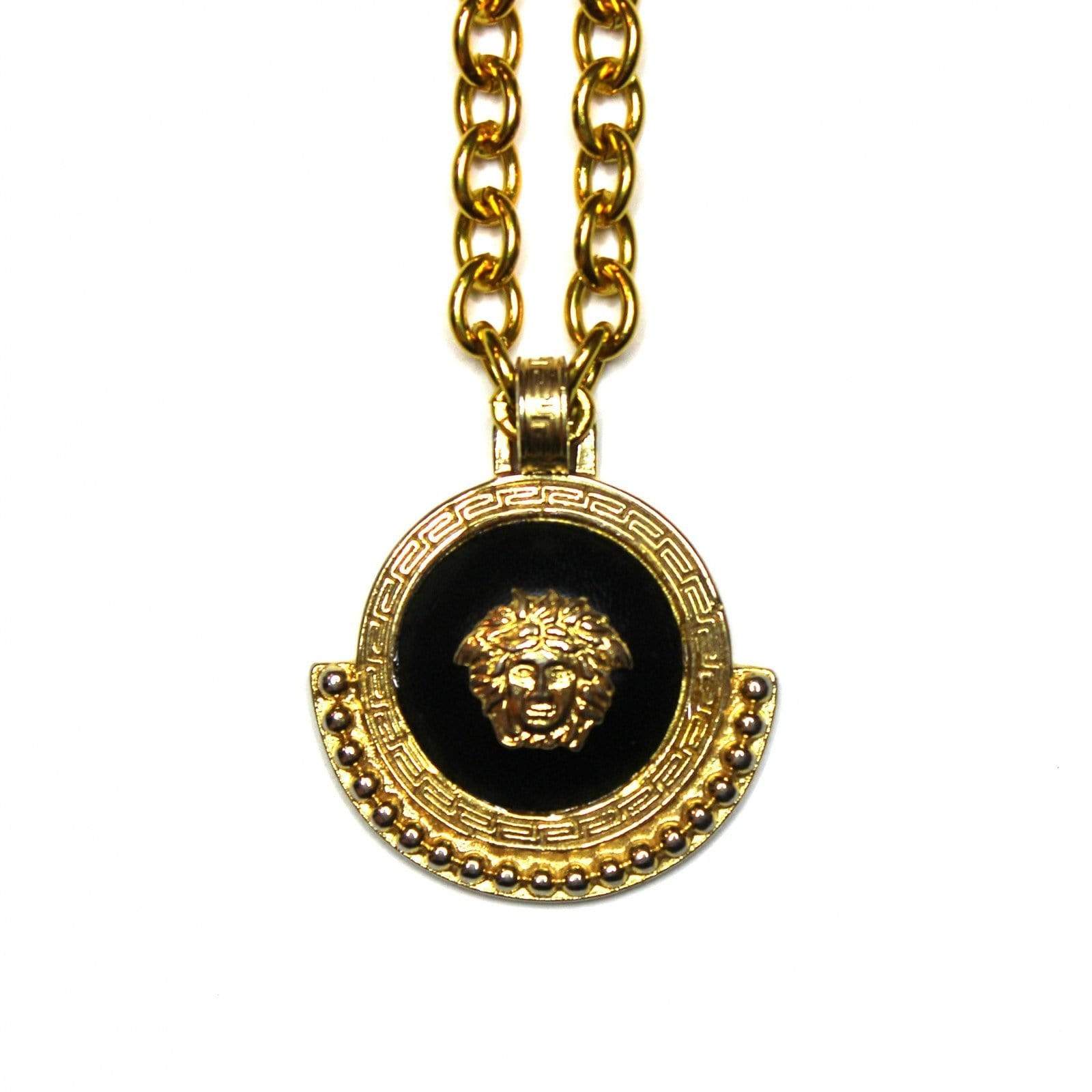 Gold Gianni Versace Medusa Head Pendent Chain with Black Leather Accent RSTKD Vintage