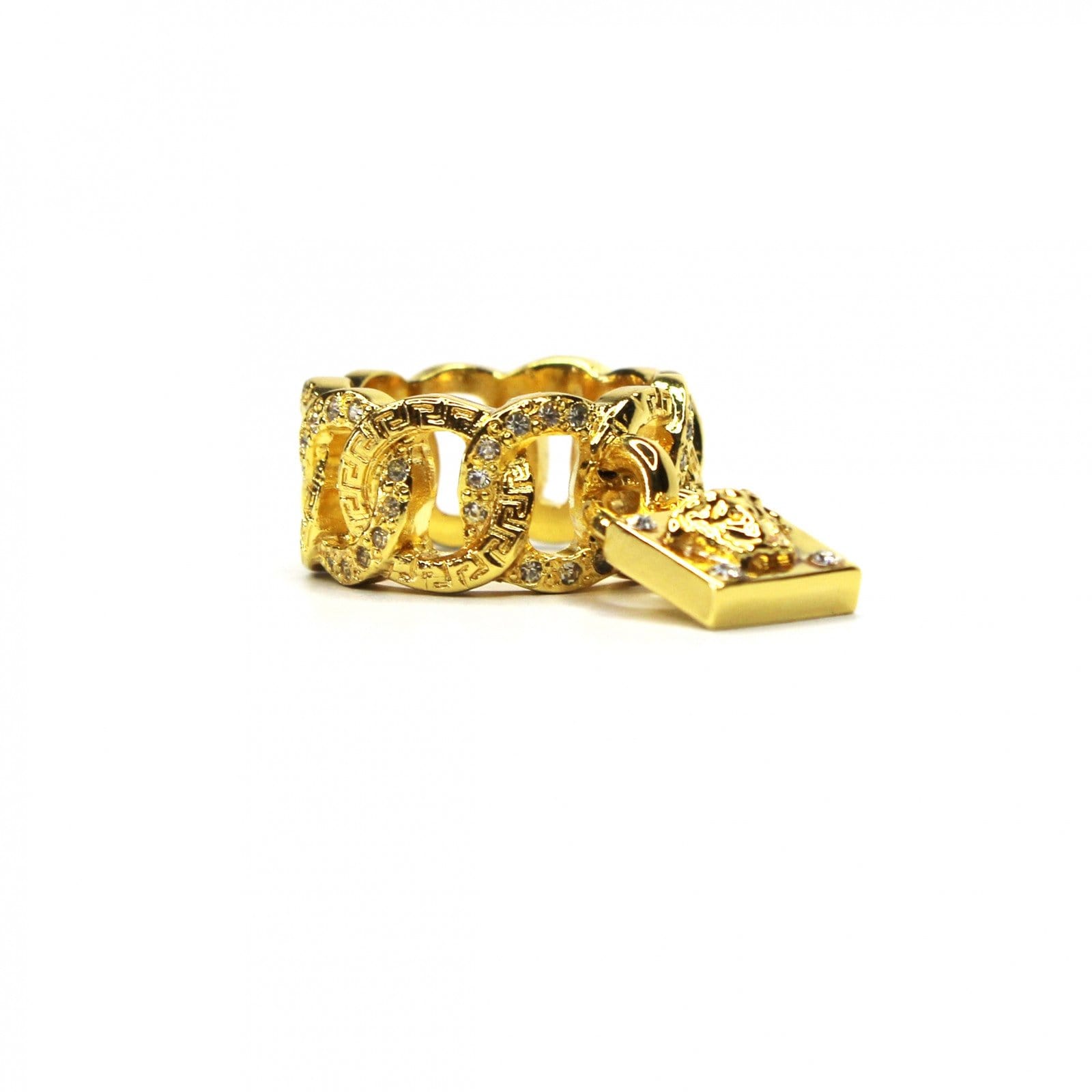 Gold Vintage Versace Medusa Head and Greek Key Padlock Ring with Crystal Accents RSTKD Vintage