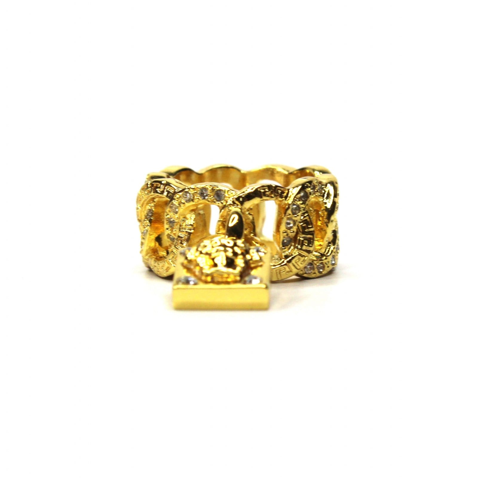 Gold Vintage Versace Medusa Head and Greek Key Padlock Ring with Crystal Accents RSTKD Vintage