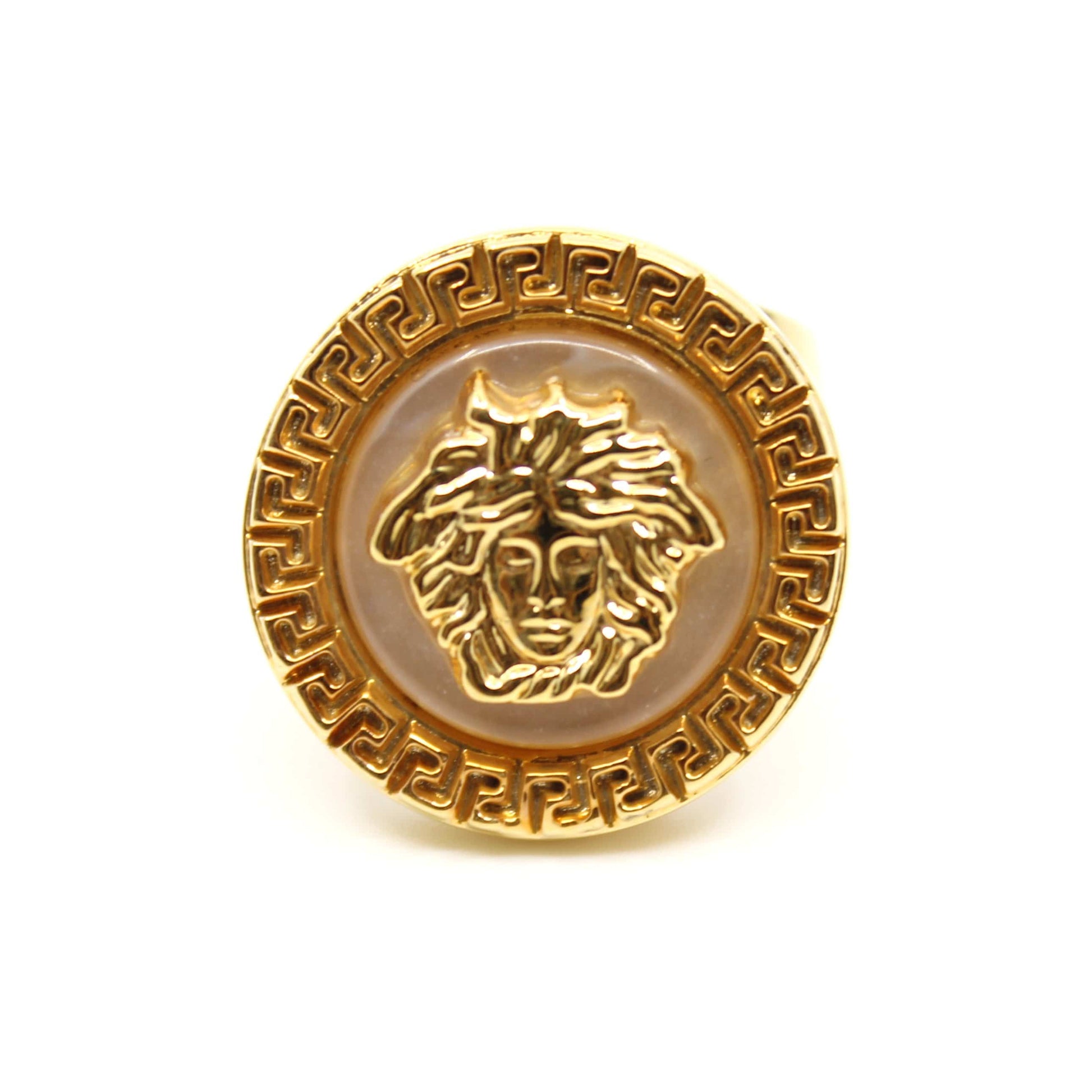 Gold Vintage Versace Mother Of Pearl Medusa Head Adjustable Ring RSTKD Vintage