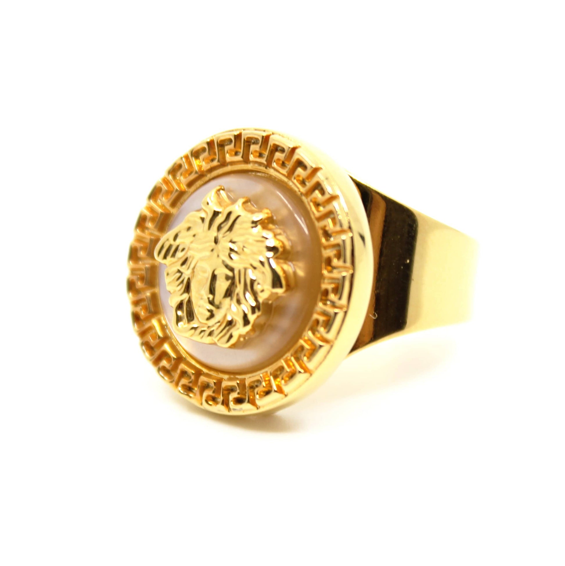 Gold Vintage Versace Mother Of Pearl Medusa Head Adjustable Ring RSTKD Vintage