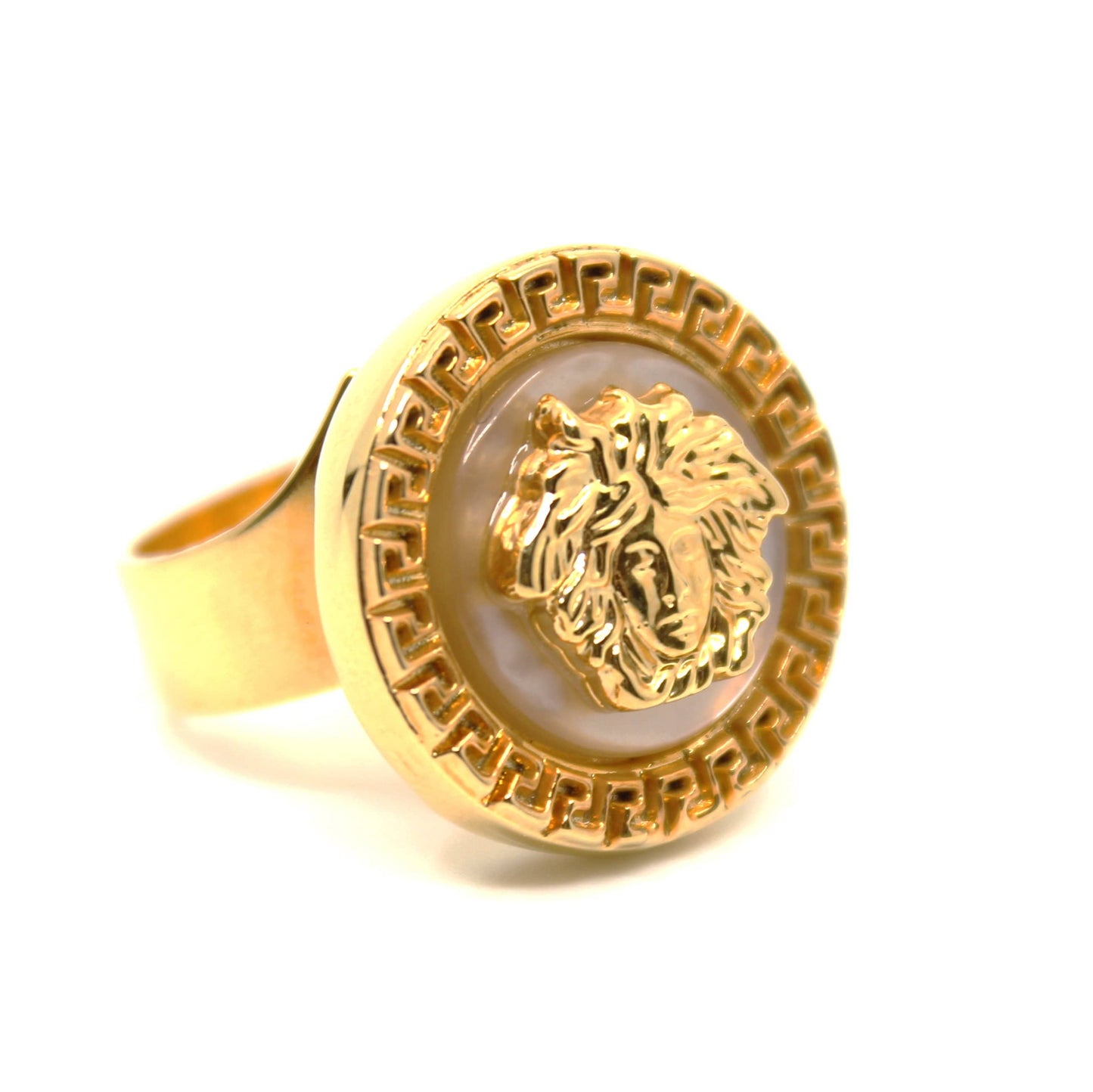 Gold Vintage Versace Mother Of Pearl Medusa Head Adjustable Ring RSTKD Vintage