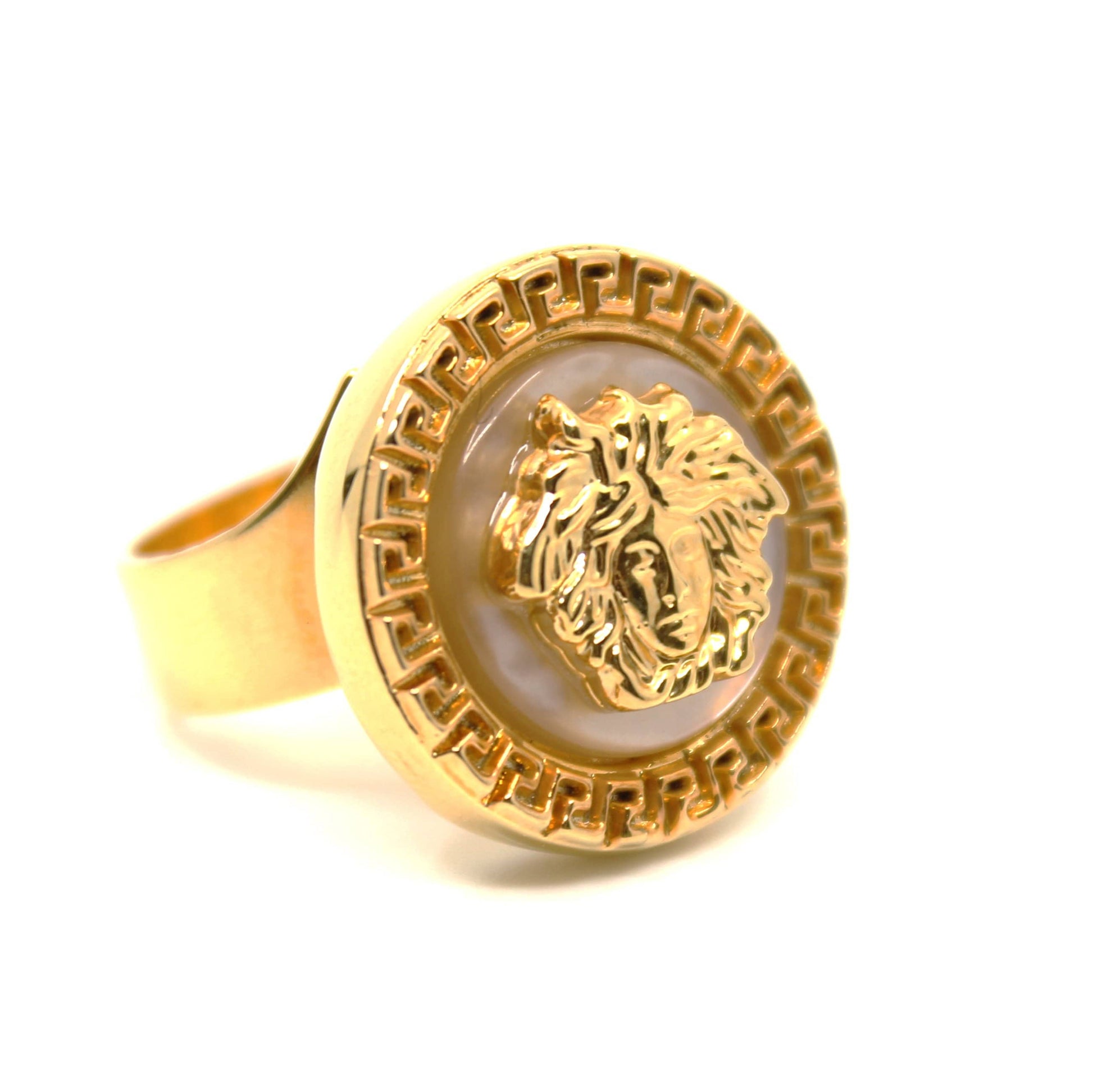 Gold Vintage Versace Mother Of Pearl Medusa Head Adjustable Ring RSTKD Vintage