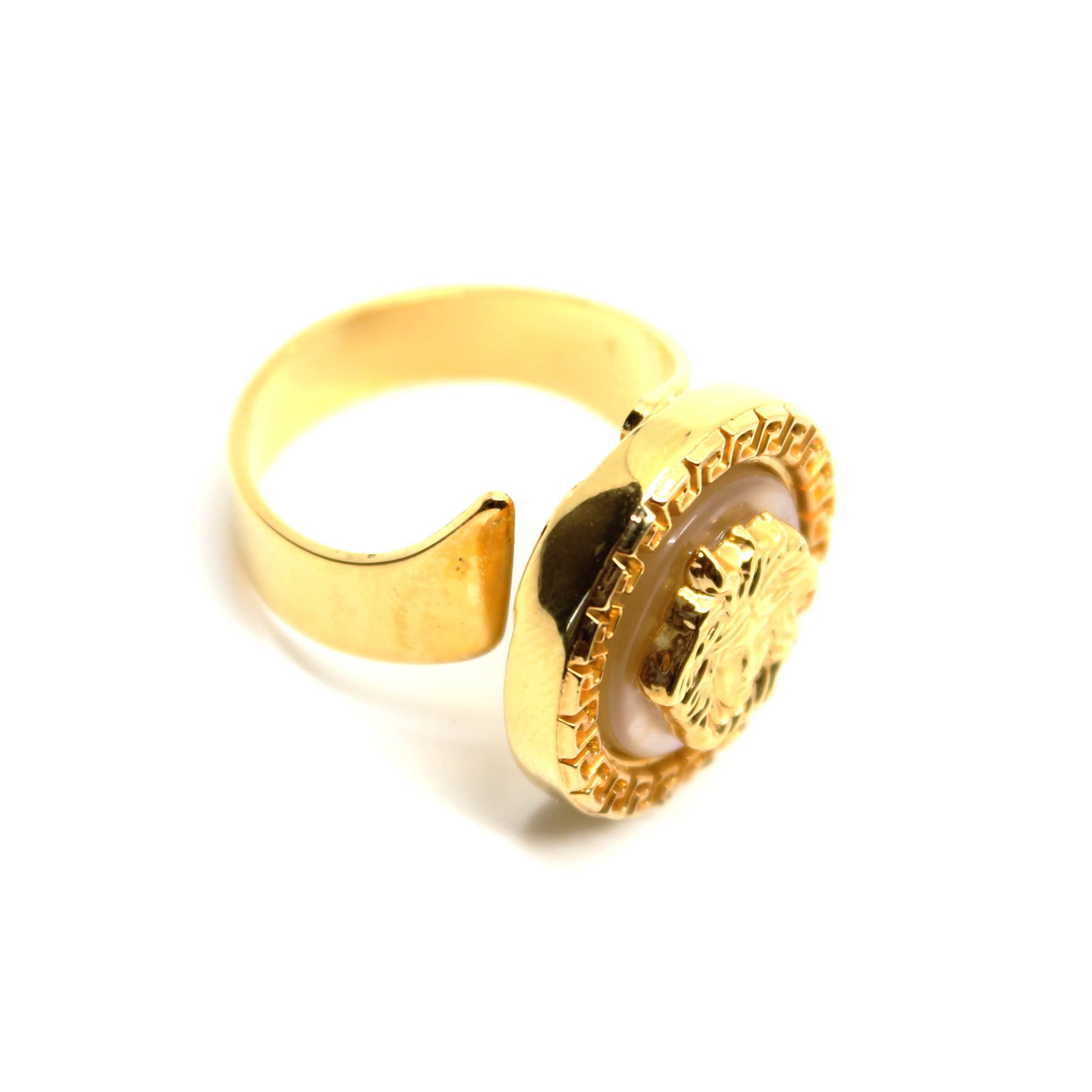 Gold Vintage Versace Mother Of Pearl Medusa Head Adjustable Ring RSTKD Vintage