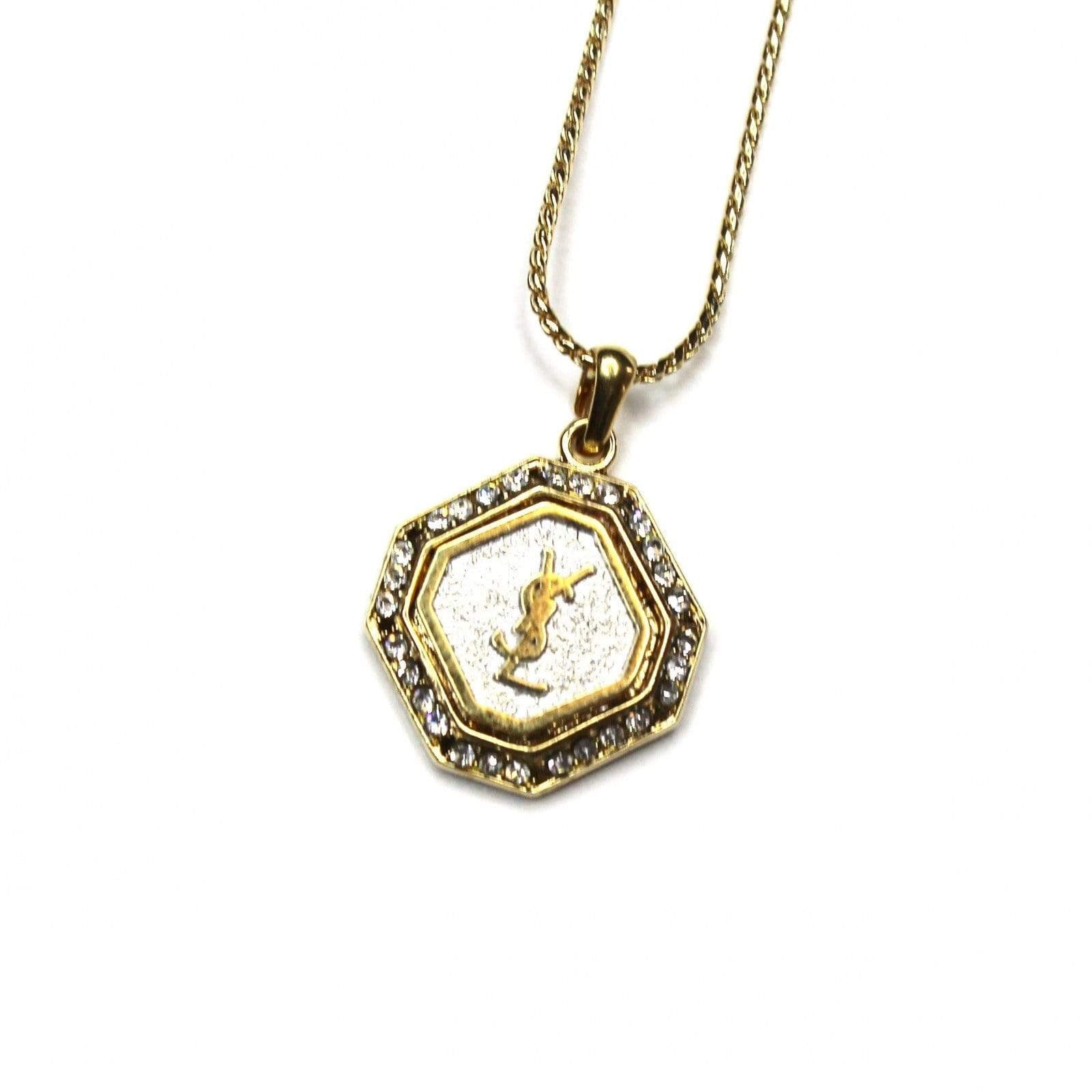 Gold YSL Octagon Logo Chain with Crystal Accents RSTKD Vintage