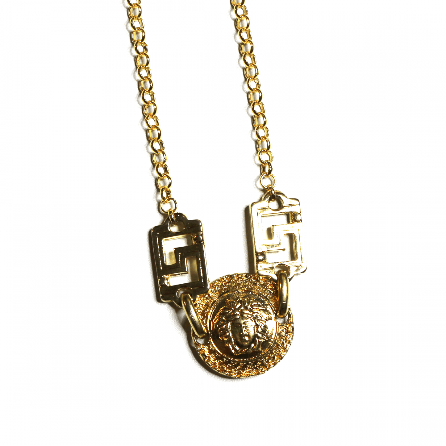 Large Gold Gianni Versace Single Sided Medusa Head Coin Chain with Greek Key Accents RSTKD Vintage