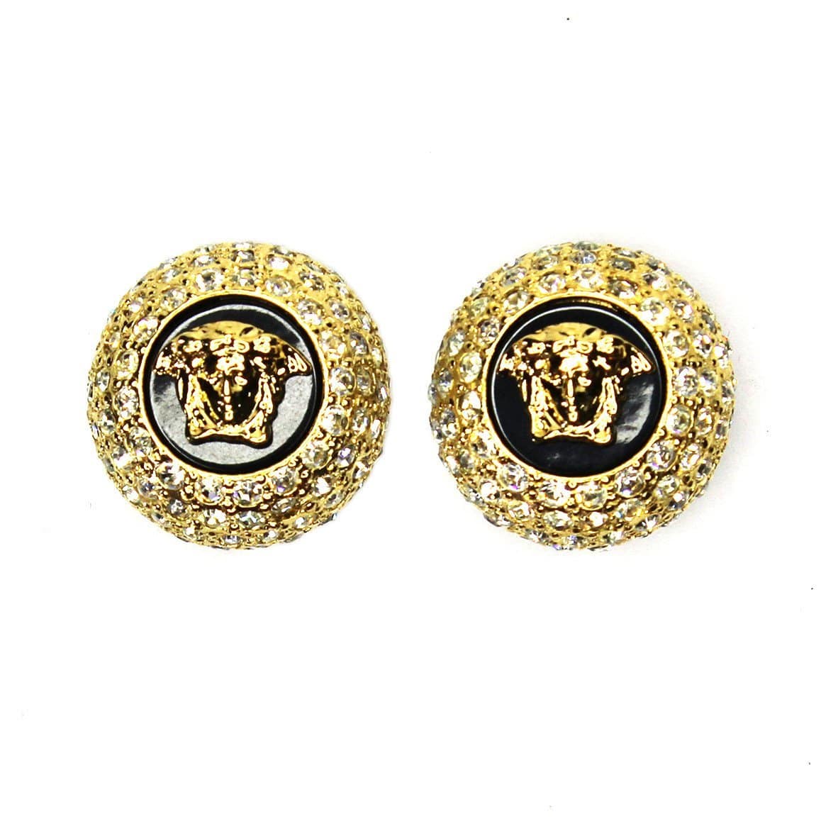 Round Gold/ Black Enamel Vintage Versace Medusa Head Earrings with Crystal Accents RSTKD Vintage