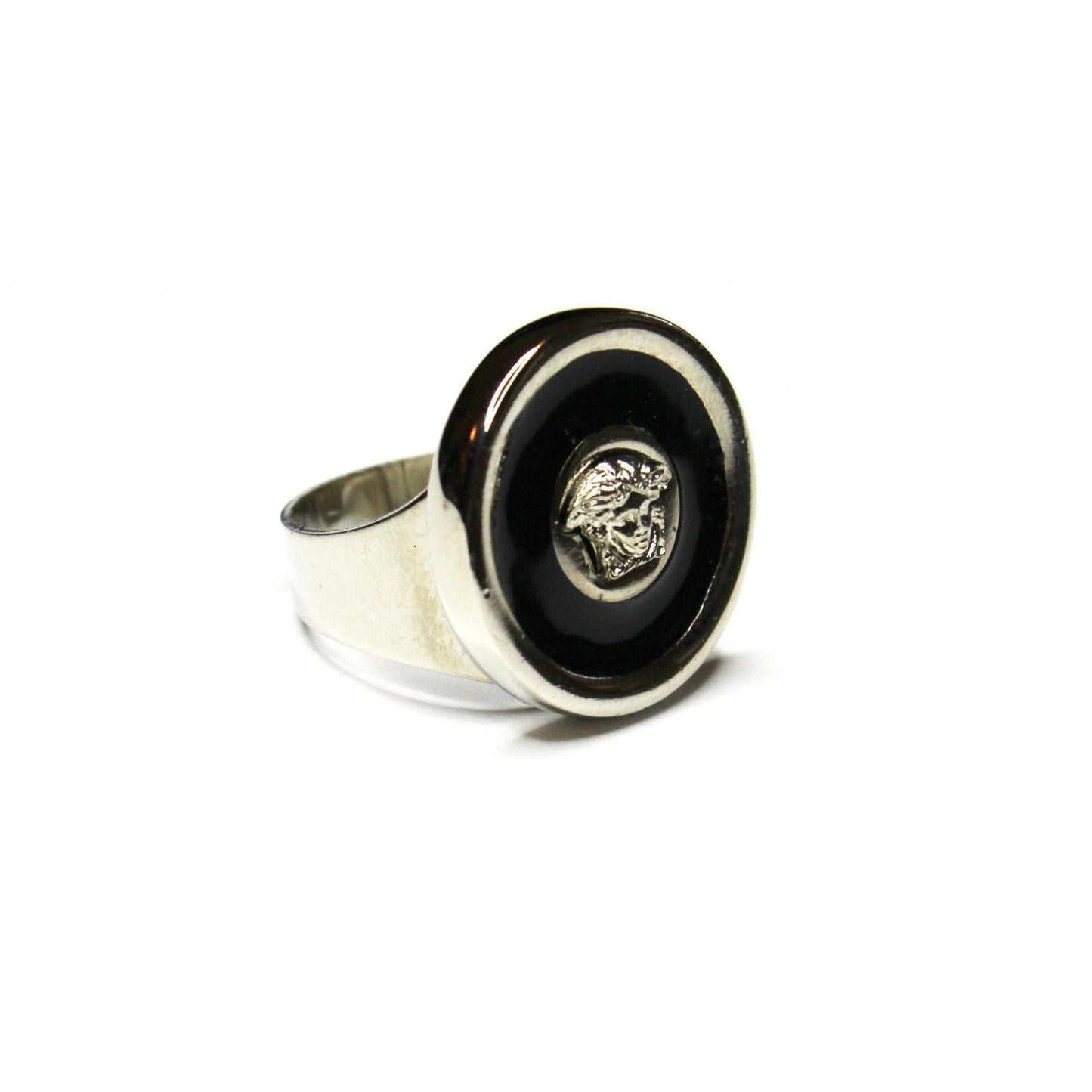 Silver and Black Enamel Gianni Versace Medusa Head Ring RSTKD Vintage