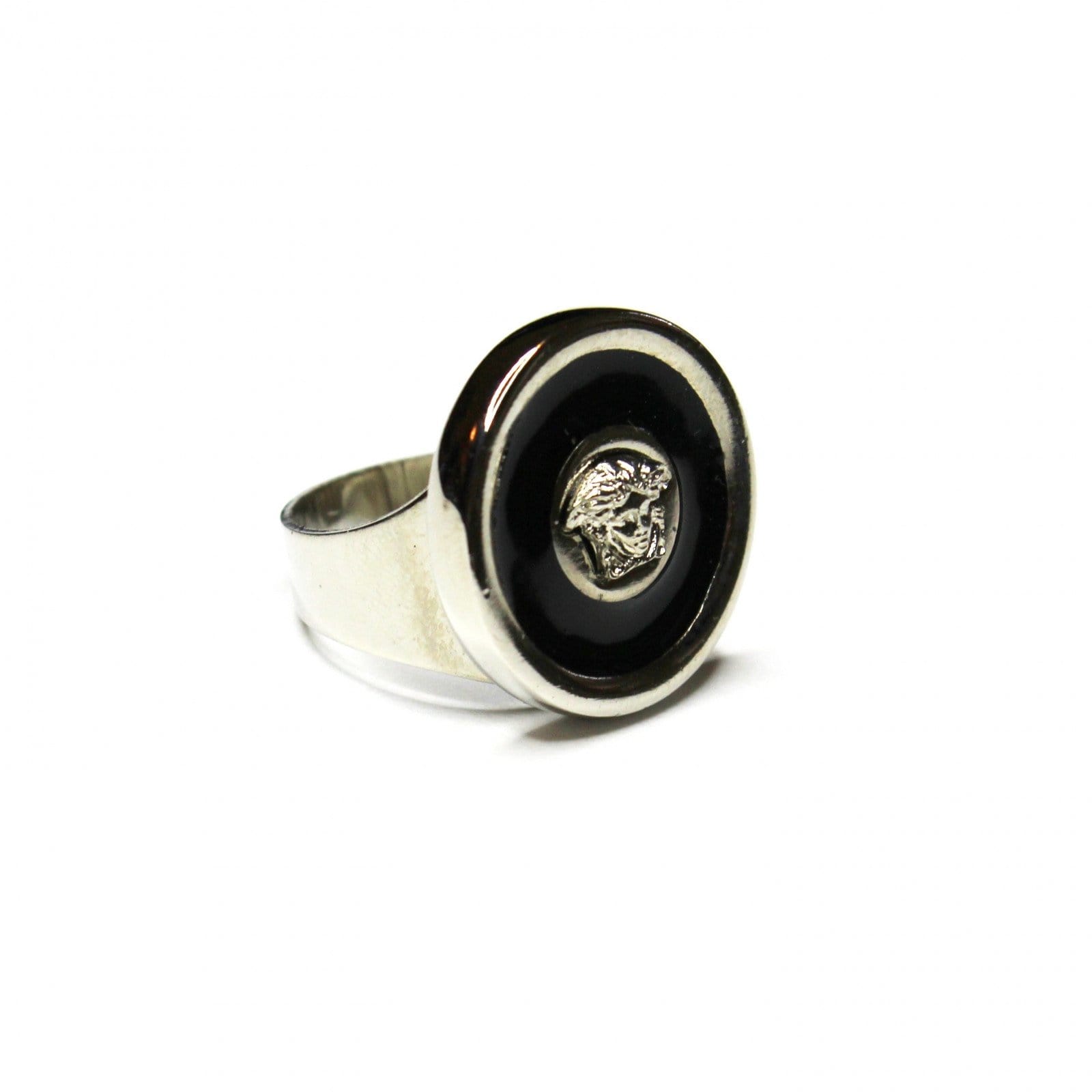 Silver and Black Enamel Gianni Versace Medusa Head Ring RSTKD Vintage