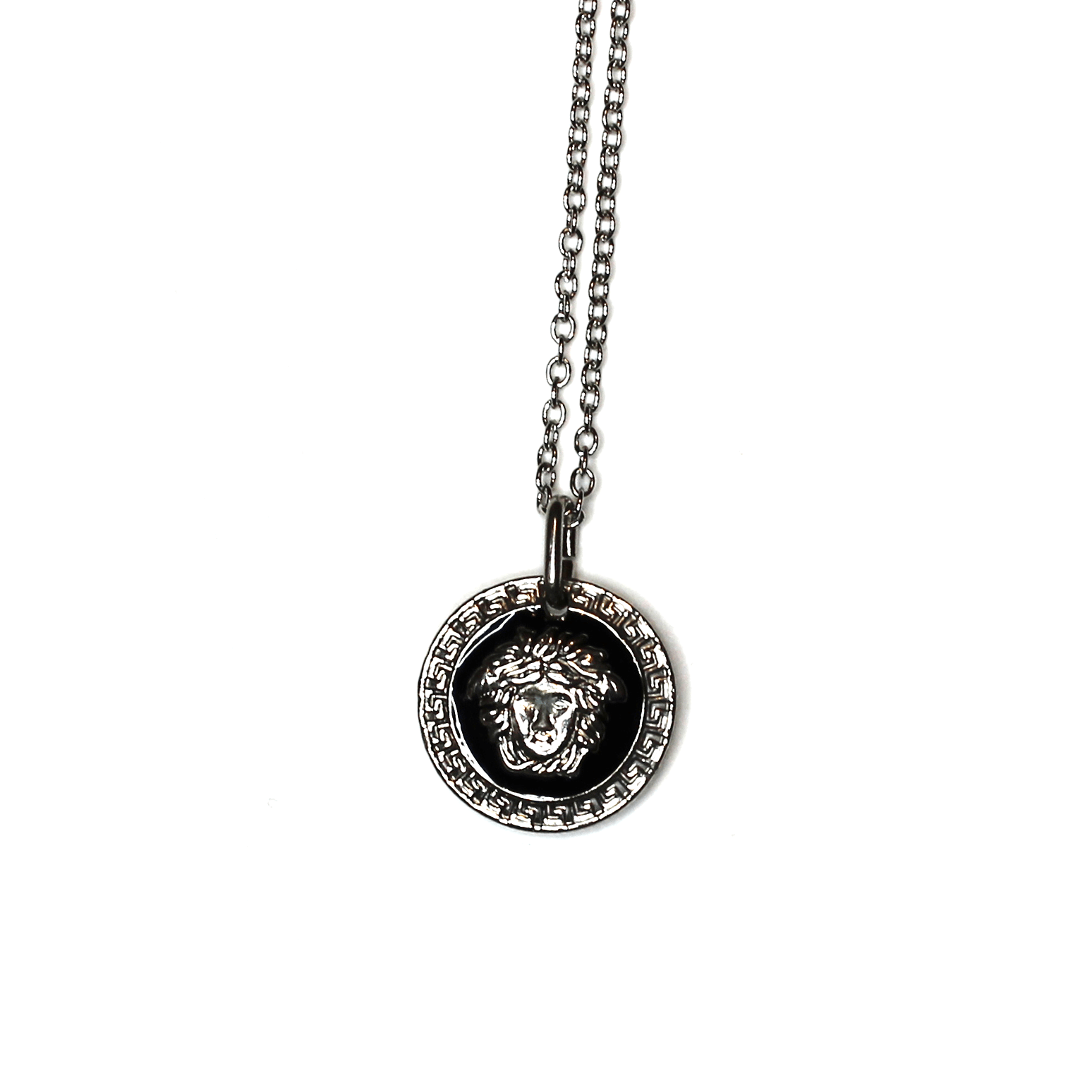 Silver Gianni Versace Black/ White Double Sided Medusa Head Coin Pendent Chain RSTKD Vintage