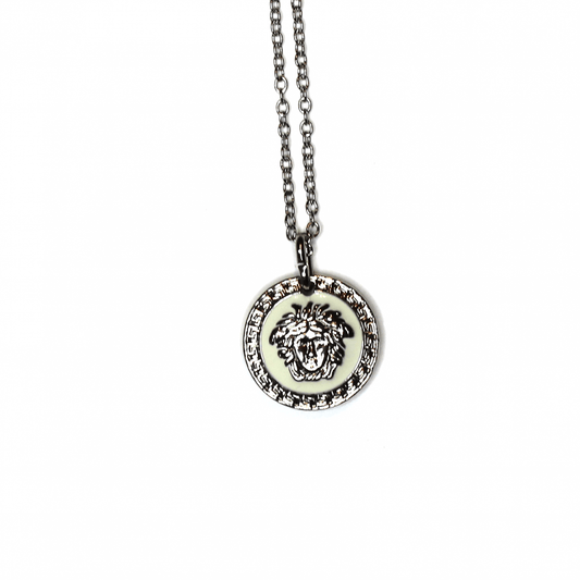 Silver Gianni Versace Black/ White Double Sided Medusa Head Coin Pendent Chain RSTKD Vintage