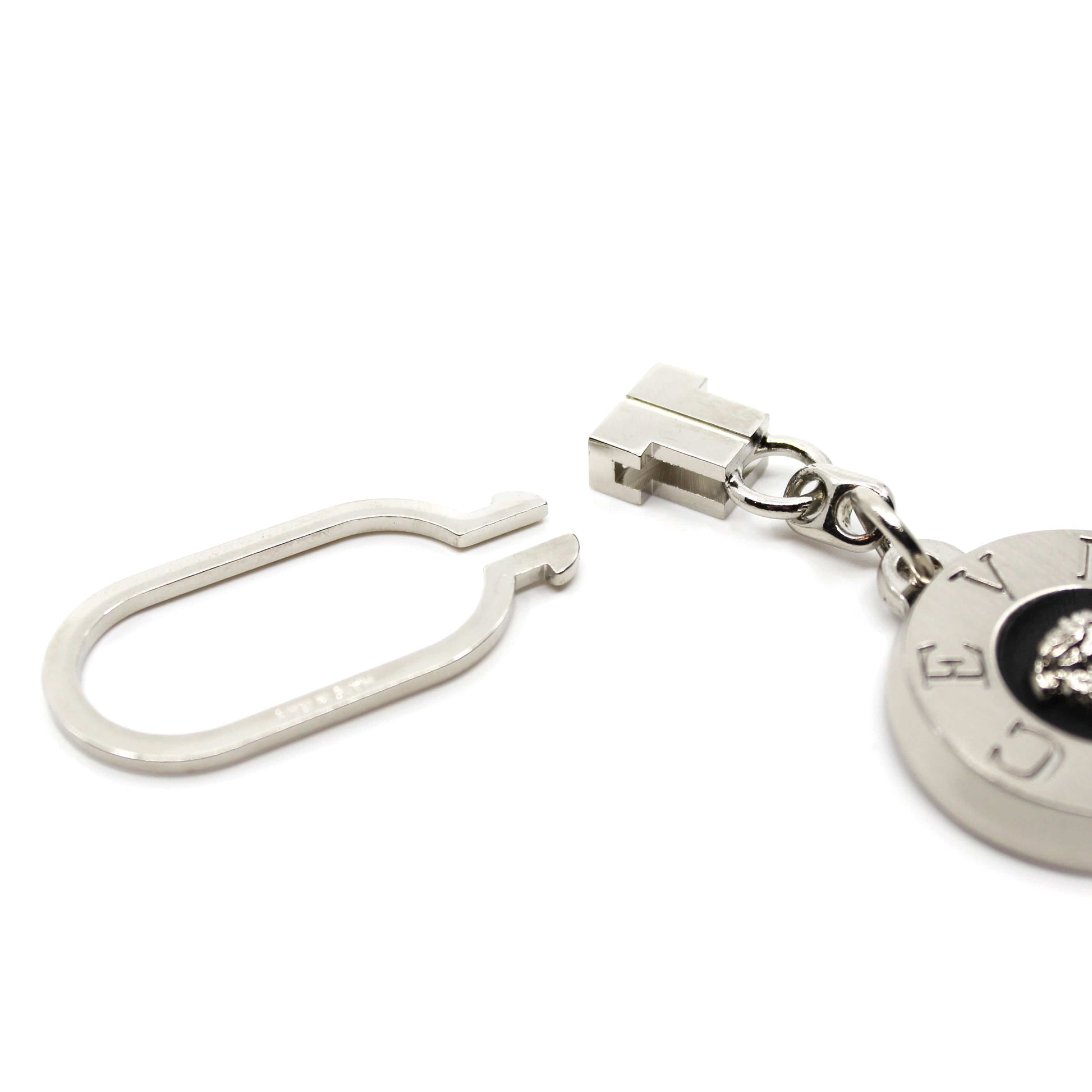 Silver Vintage Gianni Versace Medusa Head Keychain with Black Leather Accents RSTKD Vintage