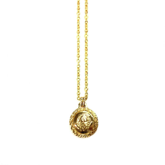 Small 3D Gold Gianni Versace Upside Down Medusa Head Coin Pendent Chain with Greek Key Accents RSTKD Vintage