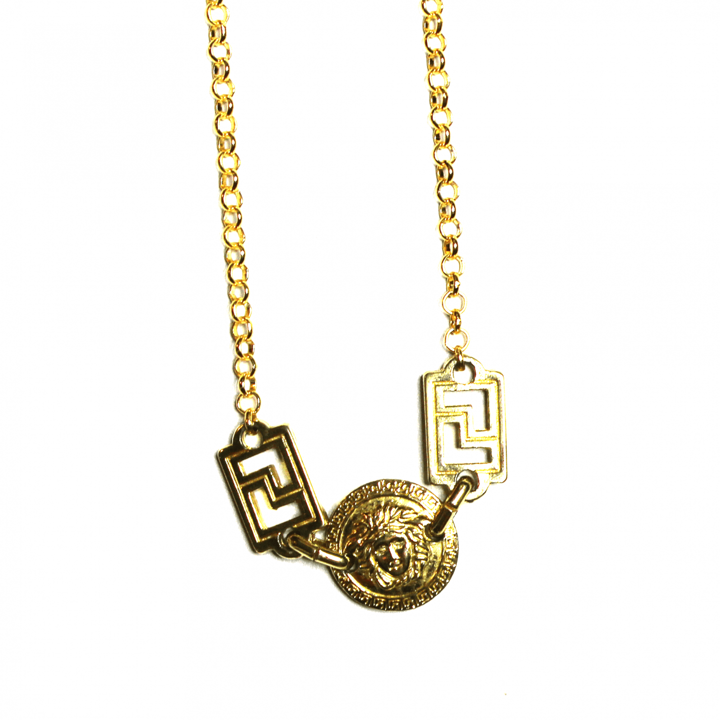 Small Gold Gianni Versace Double Sided Medusa Head Coin Chain with Greek Key Accents RSTKD Vintage