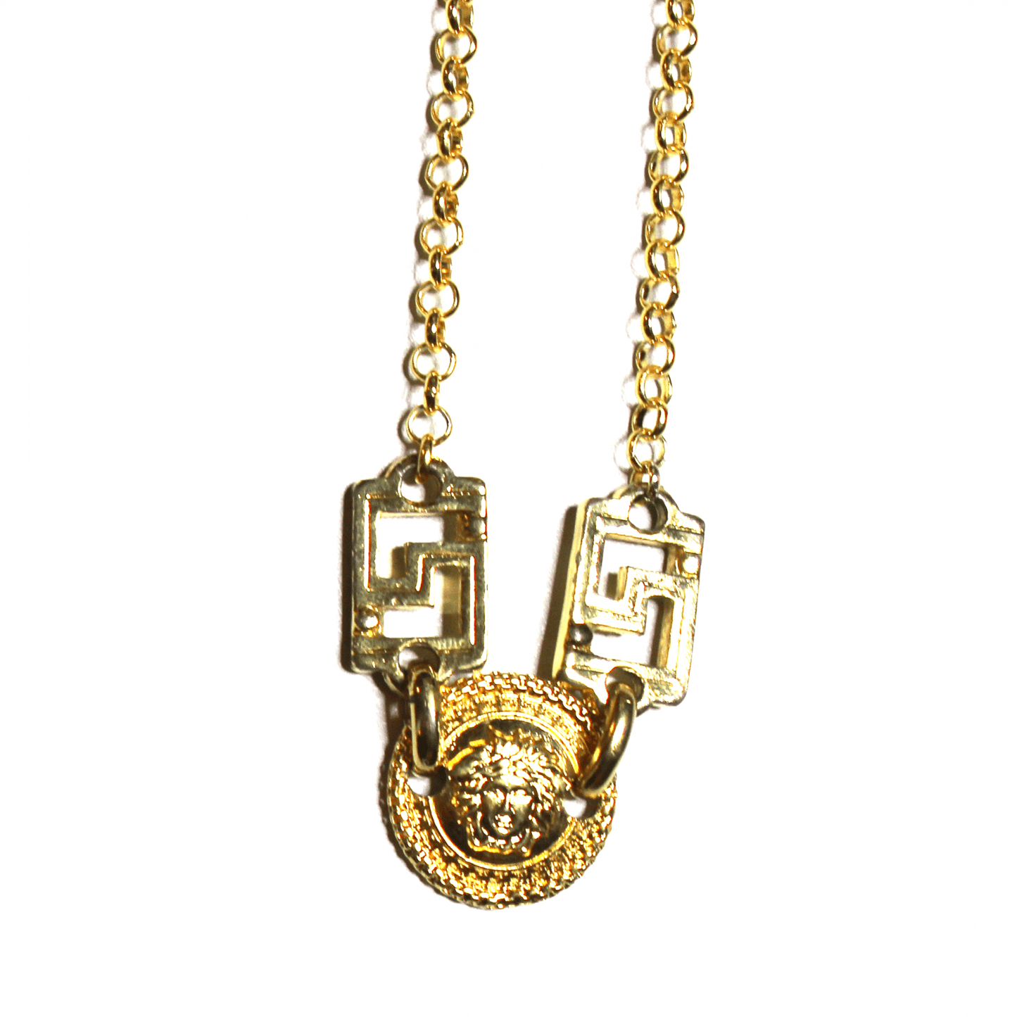 Small Gold Gianni Versace Single Sided Medusa Head Coin Chain with Greek Key Accents RSTKD Vintage
