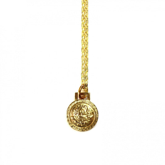 Small Gold Gianni Versace Upside Down Medusa Head Coin Pendent Chain with Greek Key Accents RSTKD Vintage