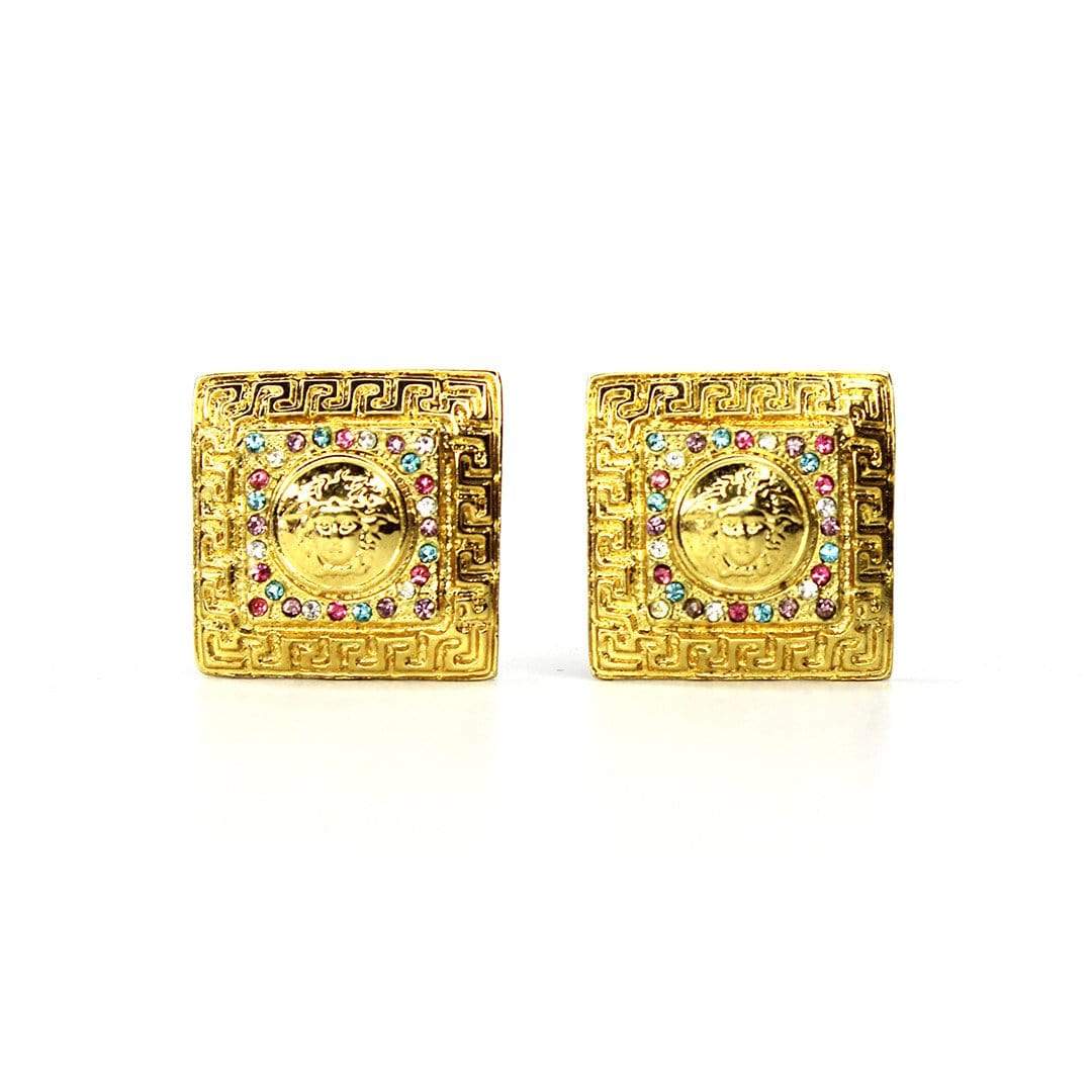 Square Gold Vintage Versace Greek Key and Medusa Head Earrings with Crystal Accents RSTKD Vintage
