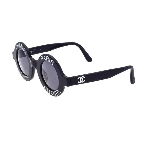 Auth Vintage CHANEL Logo Letter Round Black Sunglasses 01945 94305