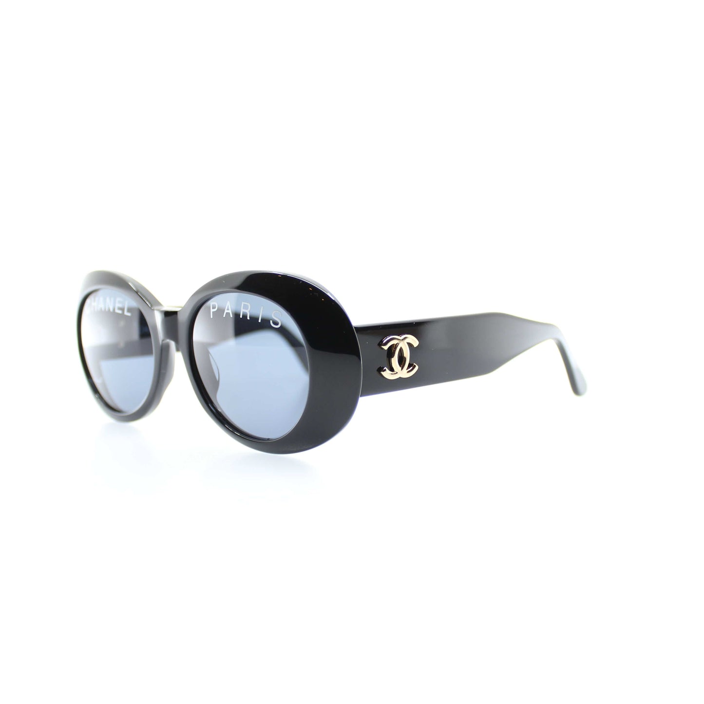 Auth Vintage CHANEL Logo Letter Round Black Sunglasses 01945 94305